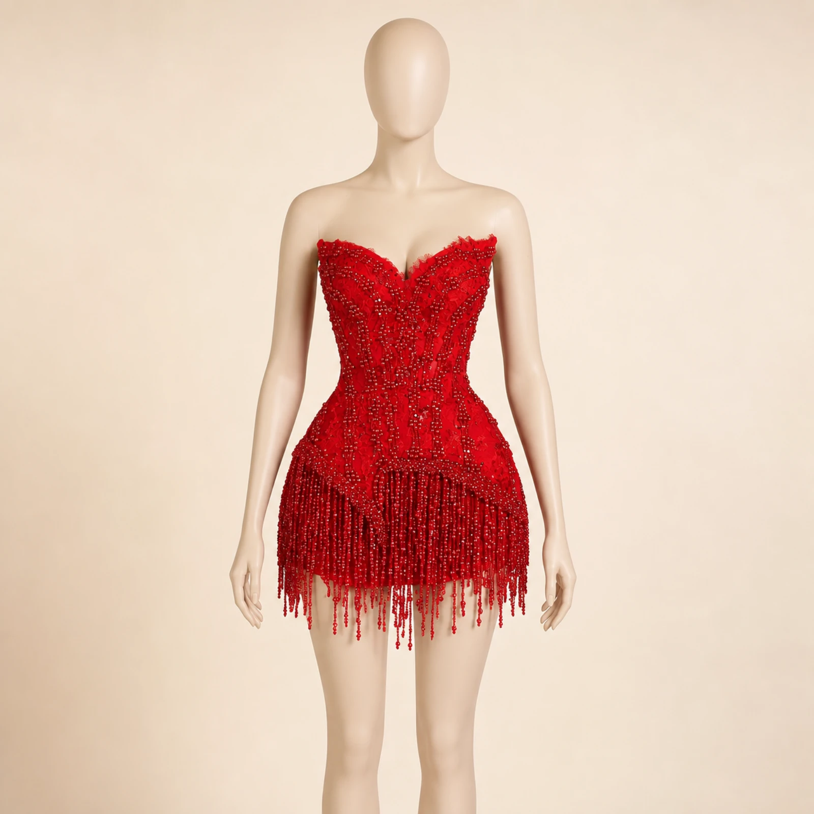 Fabienne Red Tassel Mini Dress, view 1