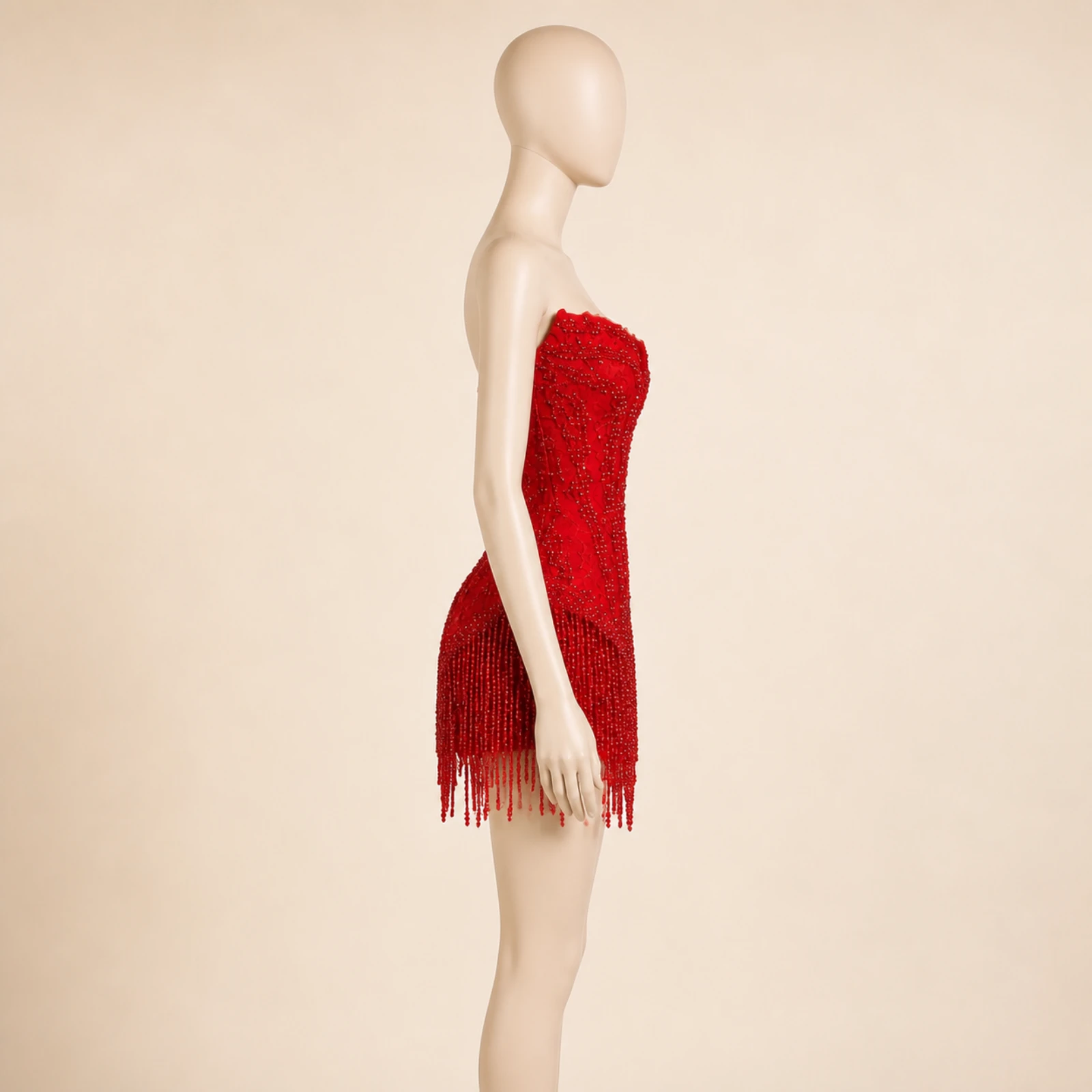 Fabienne Red Tassel Mini Dress, view 3