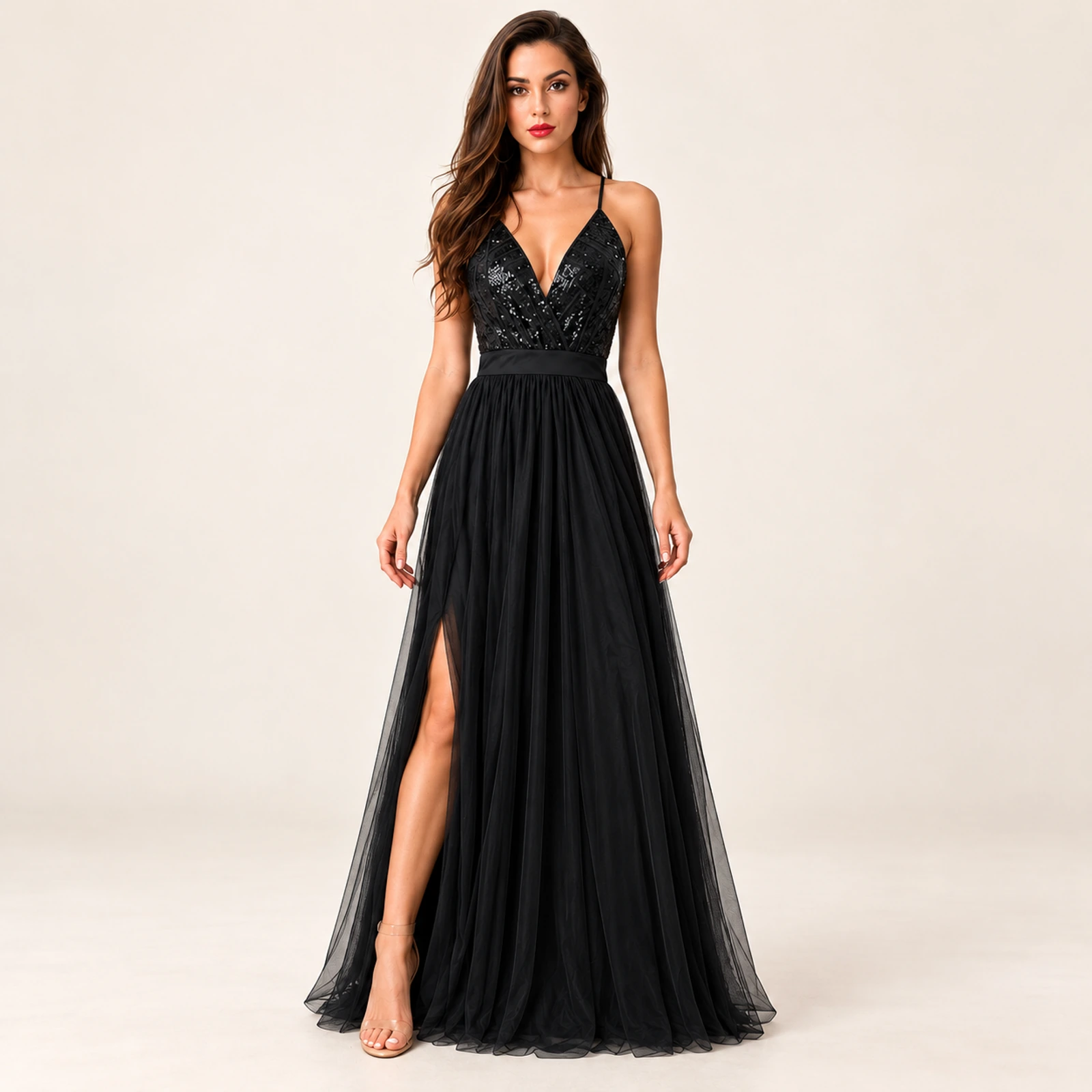 Fiorenza Sequin Bodice Maxi Dress — Black, view 1