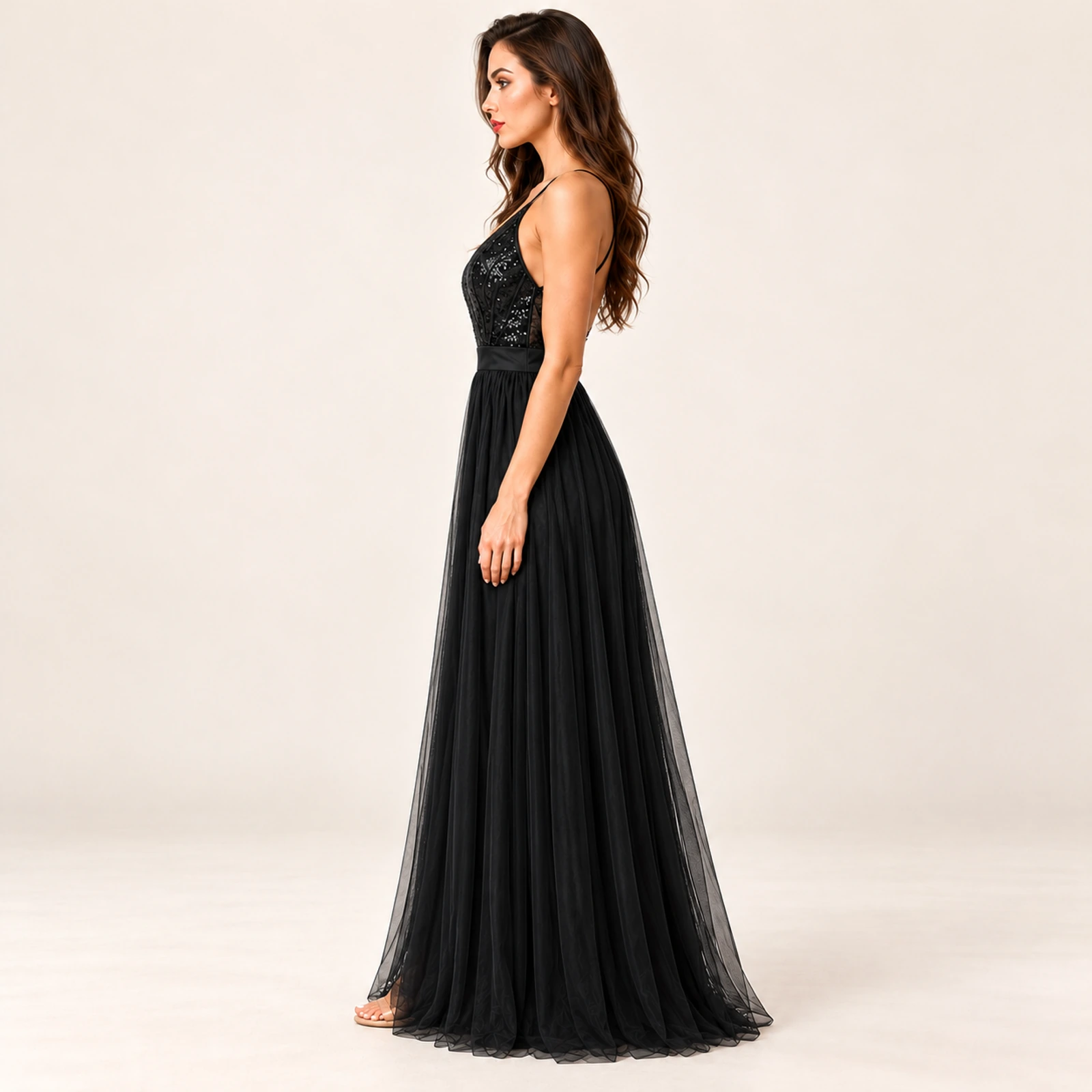 Fiorenza Sequin Bodice Maxi Dress — Black, view 3