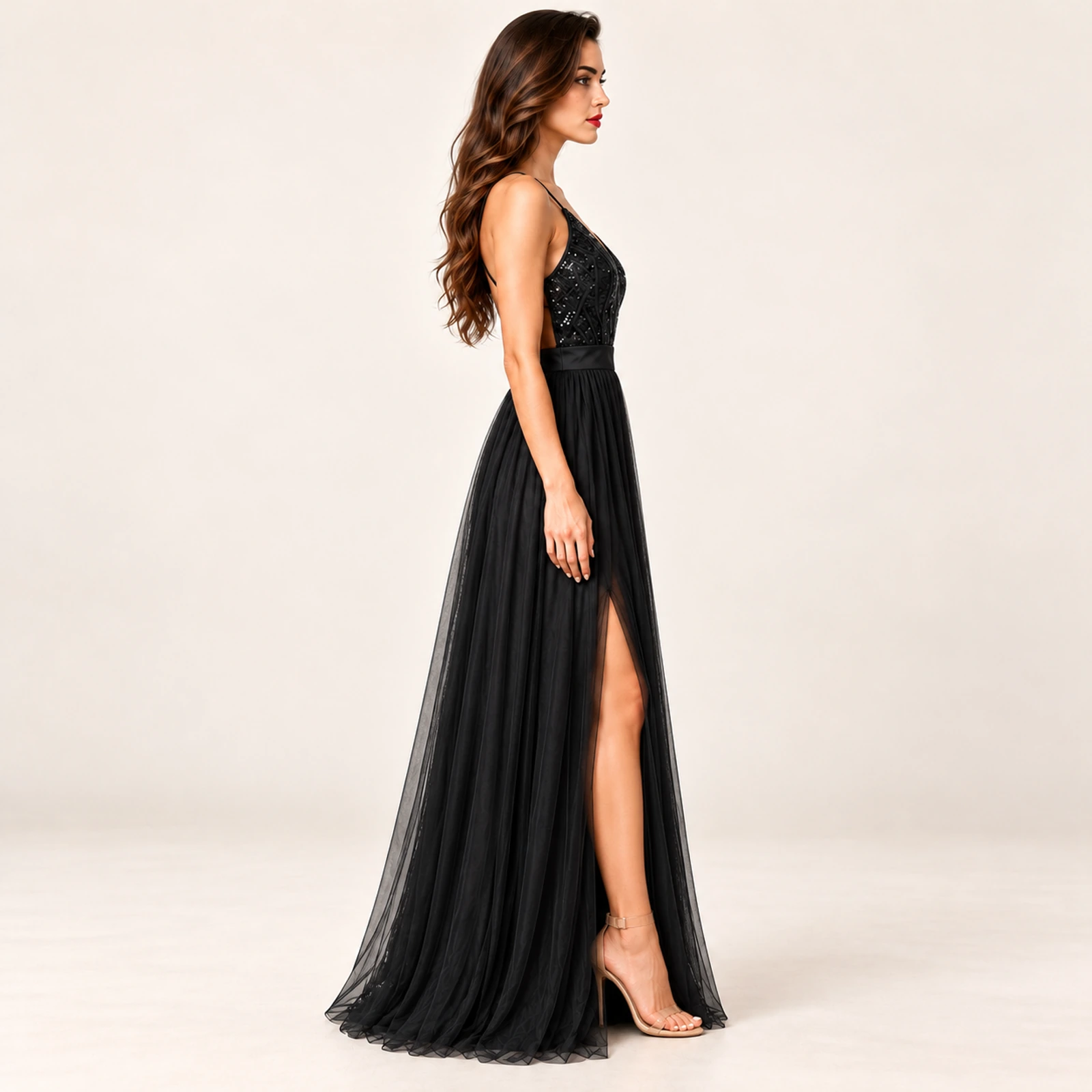 Fiorenza Sequin Bodice Maxi Dress — Black, view 4