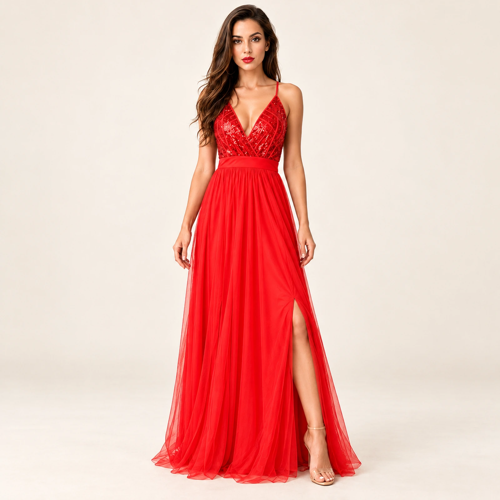 Fiorenza Sequin Bodice Maxi Dress — Red