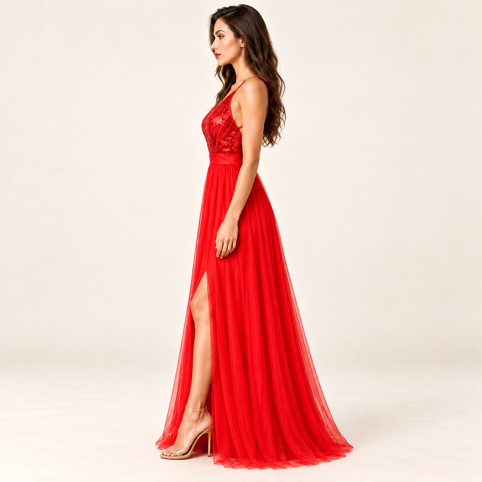 Fiorenza Sequin Bodice Maxi Dress — Red, view 3