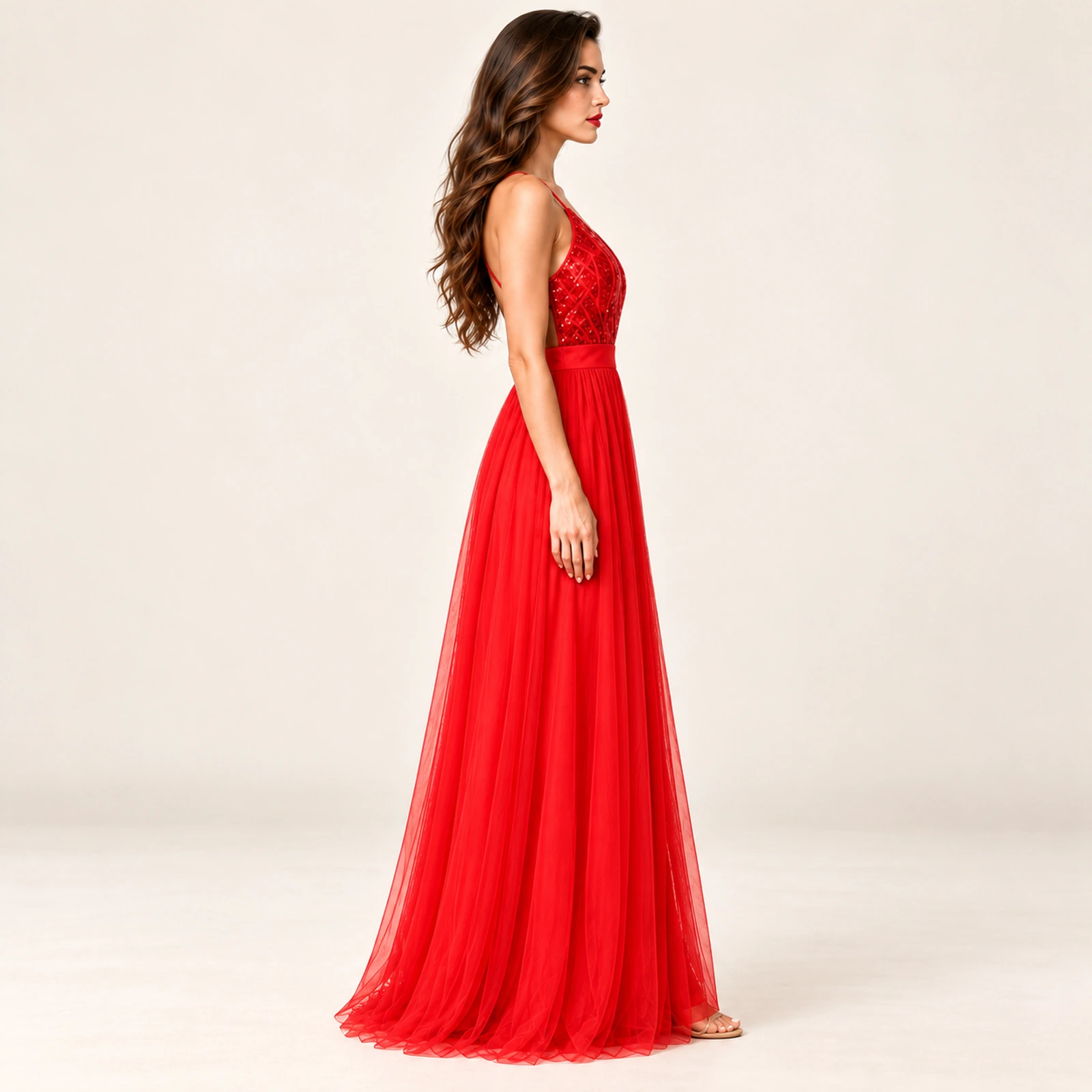 Fiorenza Sequin Bodice Maxi Dress — Red, view 4
