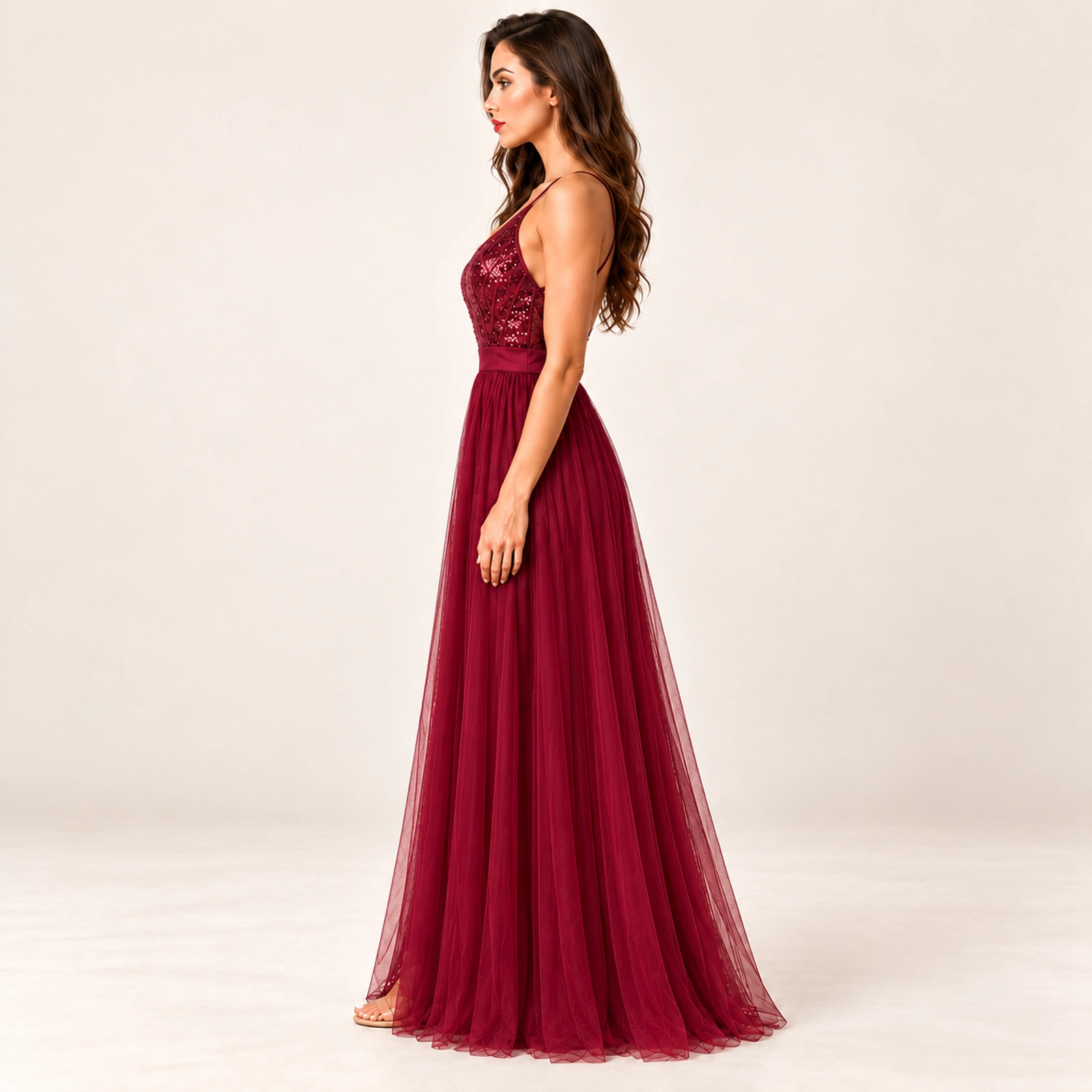 Fiorenza Sequin Bodice Maxi Dress — Wine Red, view 3