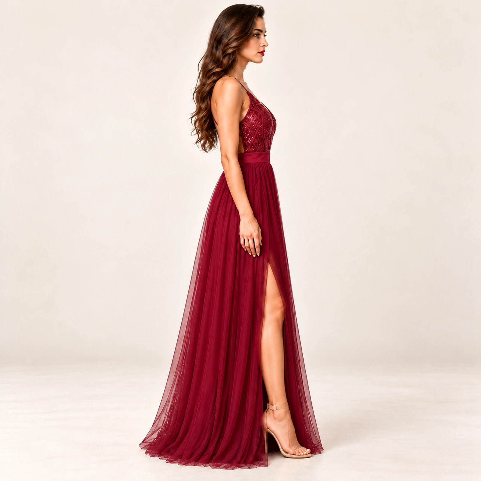 Fiorenza Sequin Bodice Maxi Dress — Wine Red, view 4