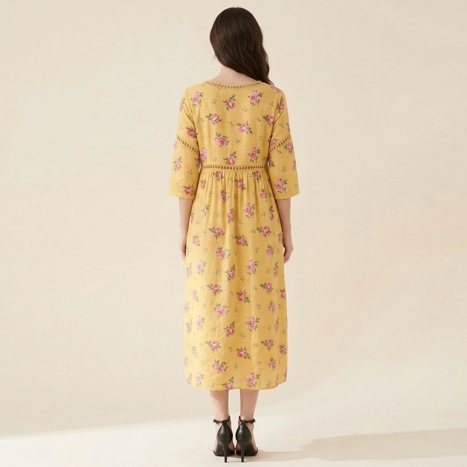 Girassol V-Neck Print Midi Dress, view 2