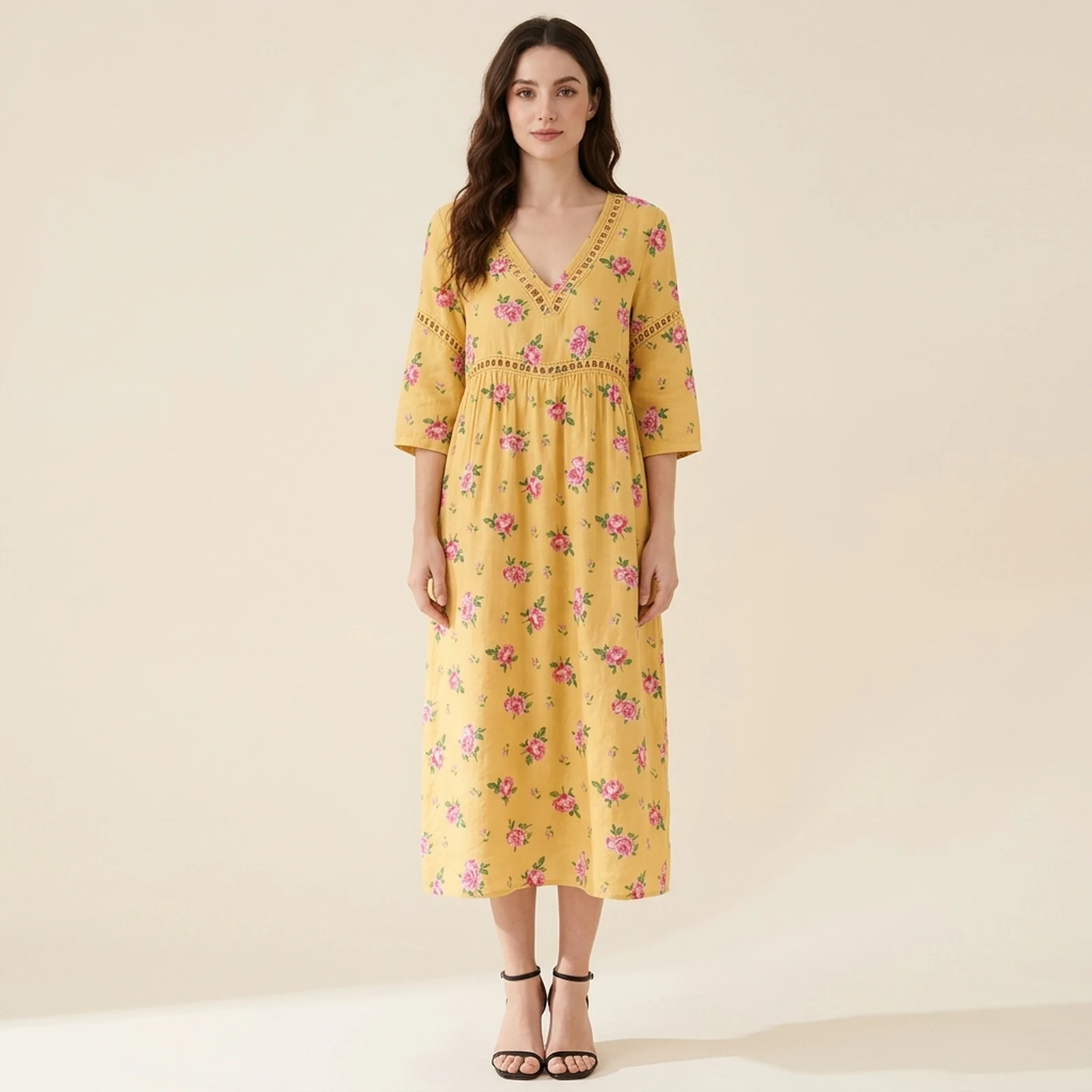 Girassol V-Neck Print Midi Dress, view 1