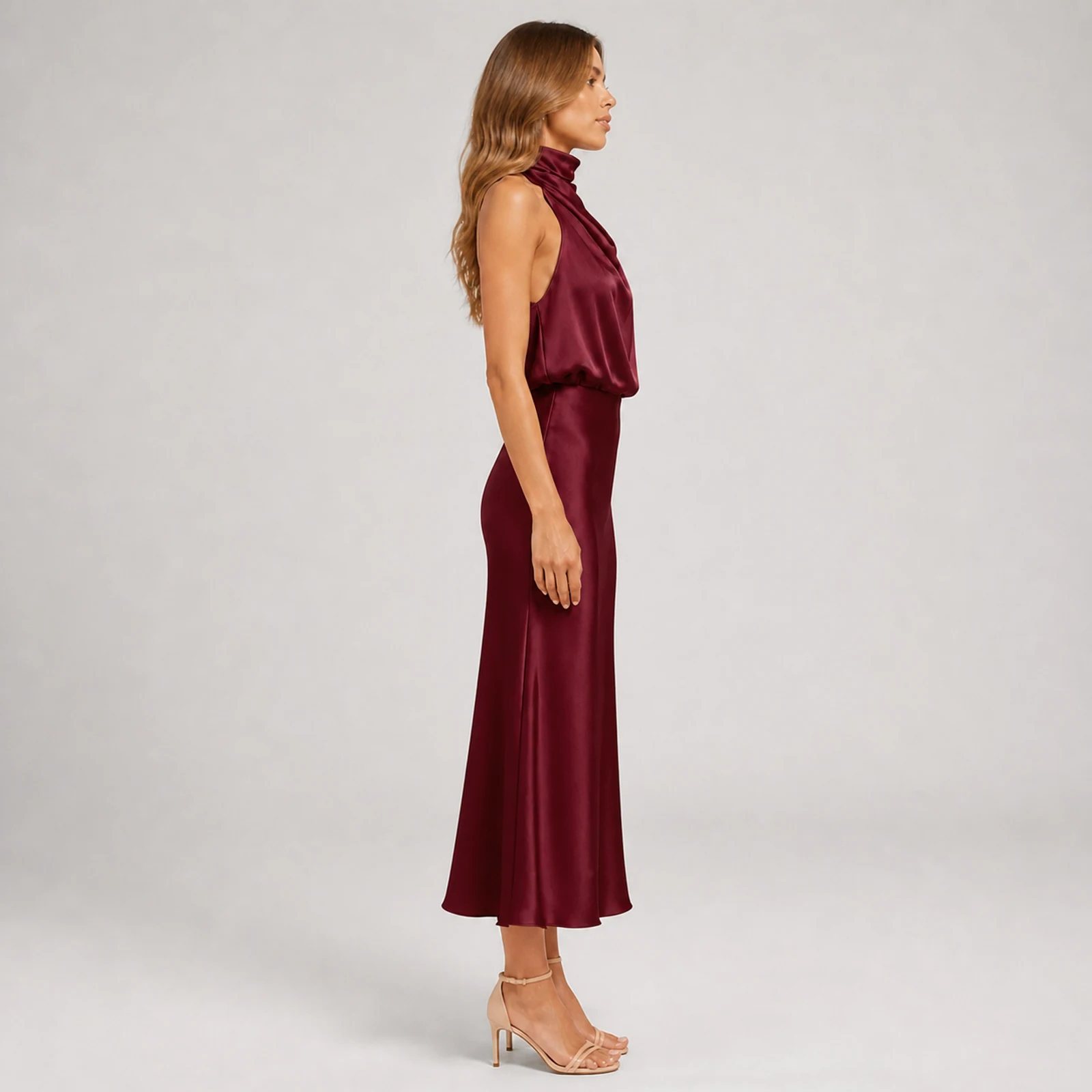 Helena Wine Satin Midi Dress, view 4