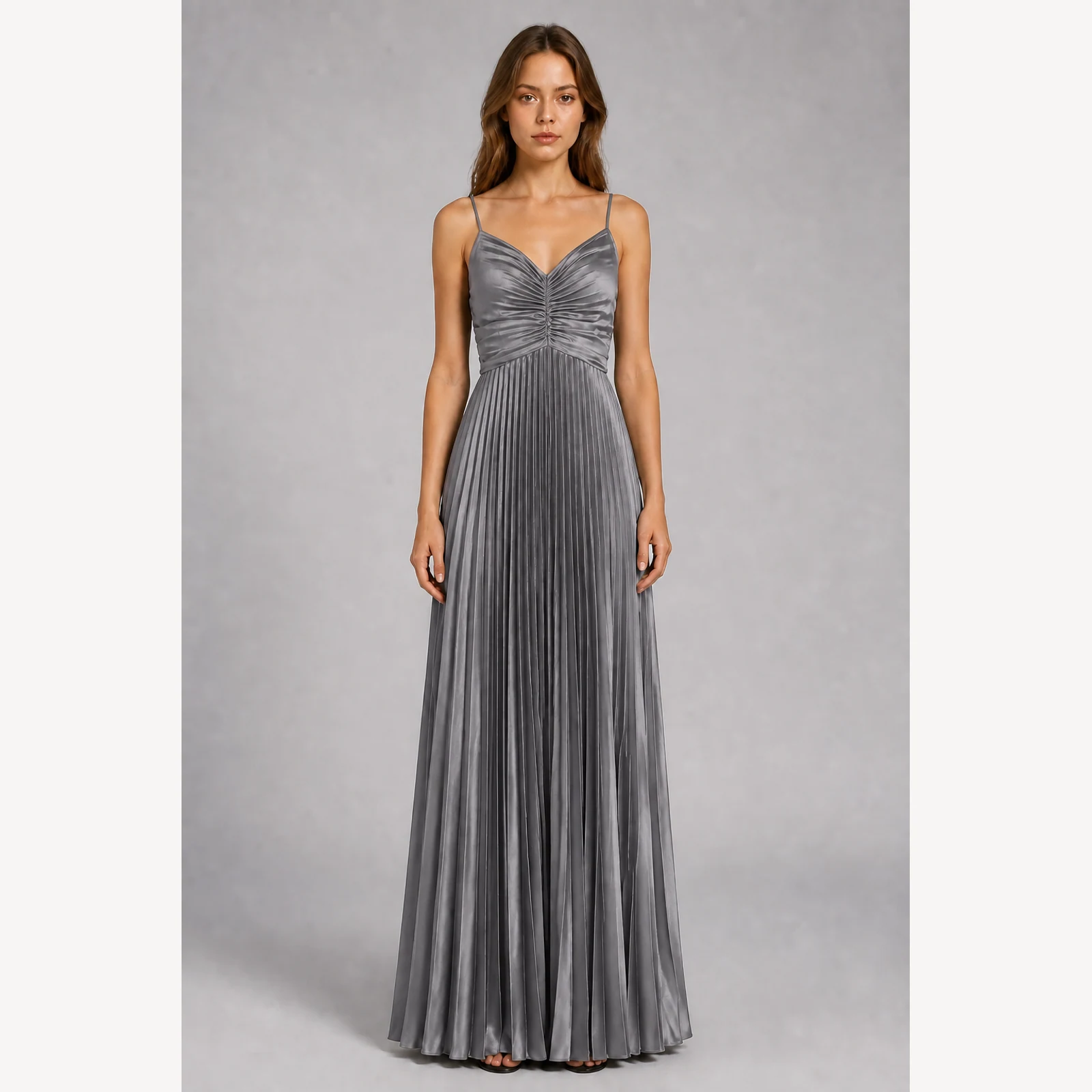 Isabeau Gray Pleated Evening Gown, view 1