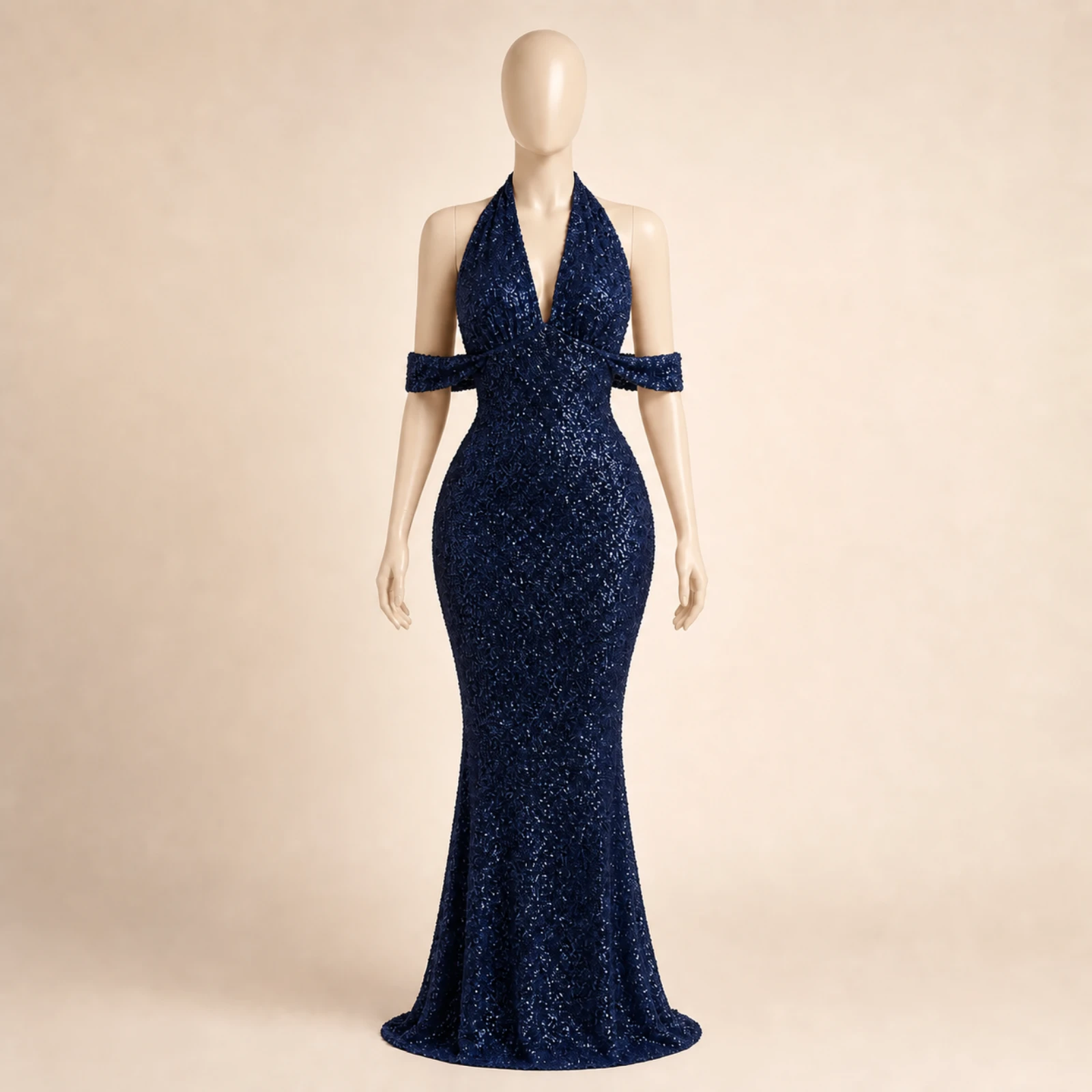 Jacinta Navy Sequin Halter Gown, view 1