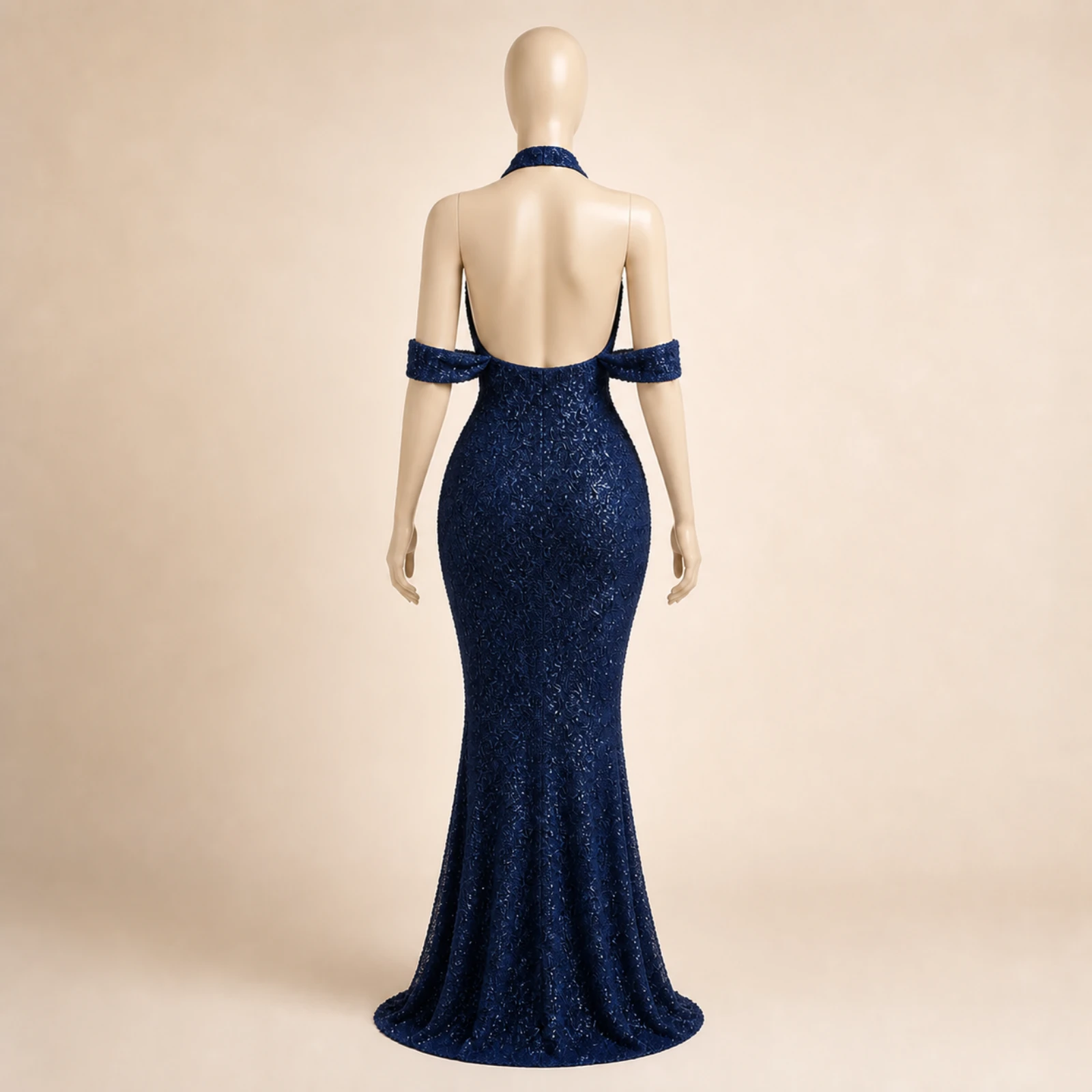 Jacinta Navy Sequin Halter Gown, view 2