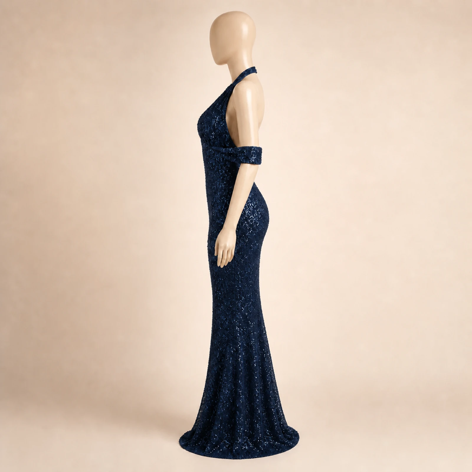 Jacinta Navy Sequin Halter Gown, view 3