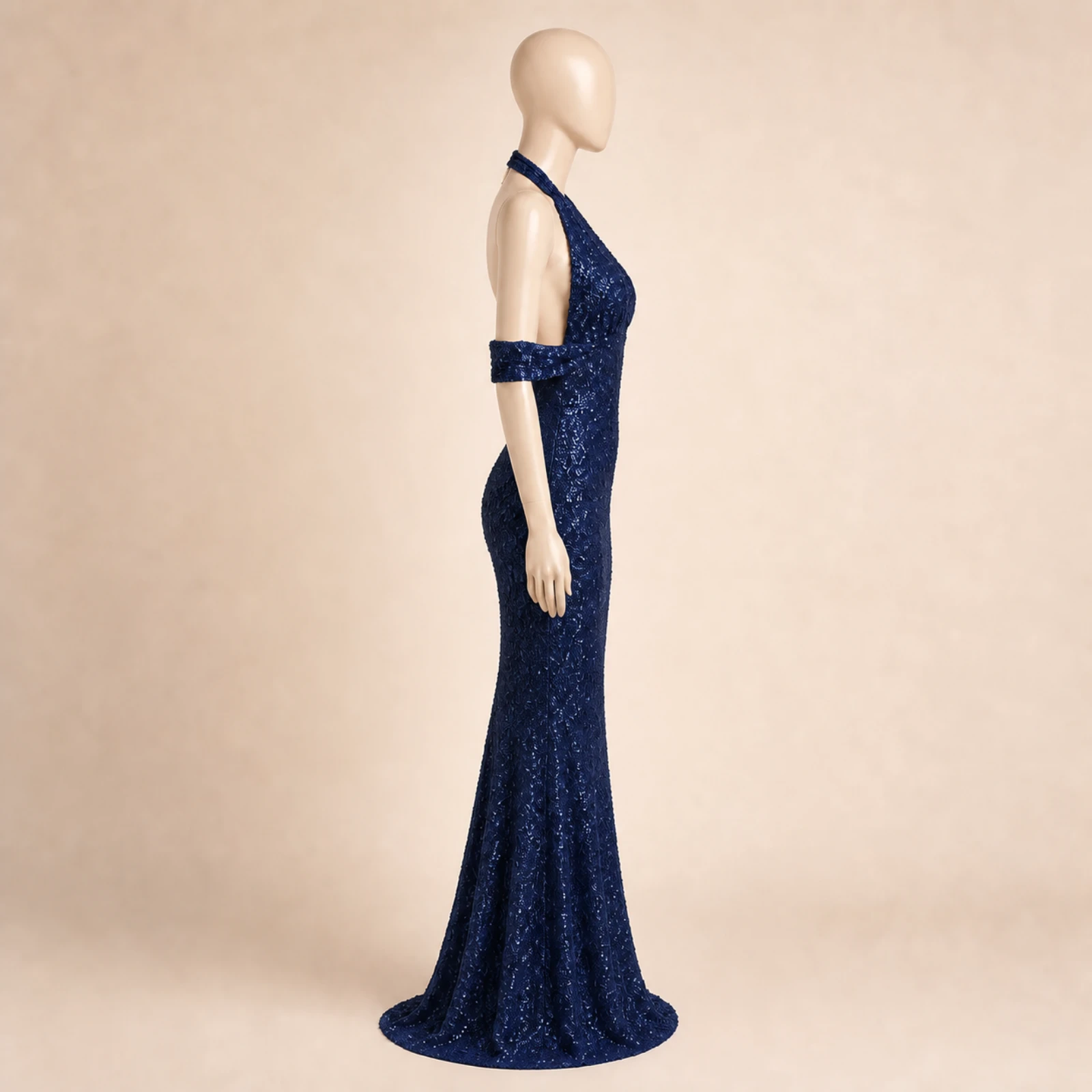 Jacinta Navy Sequin Halter Gown, view 4