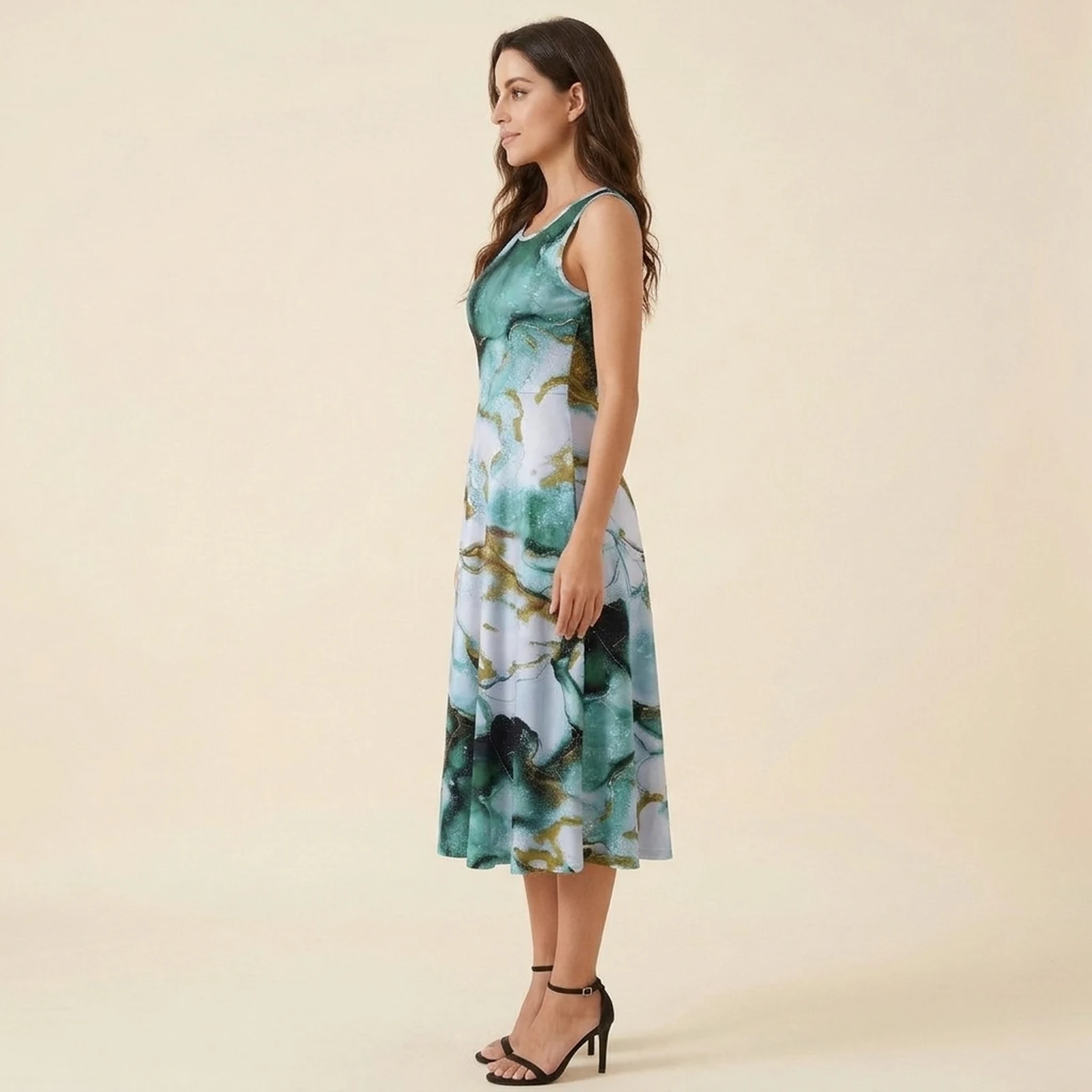 Jade Marble Swing Midi Dress, view 3