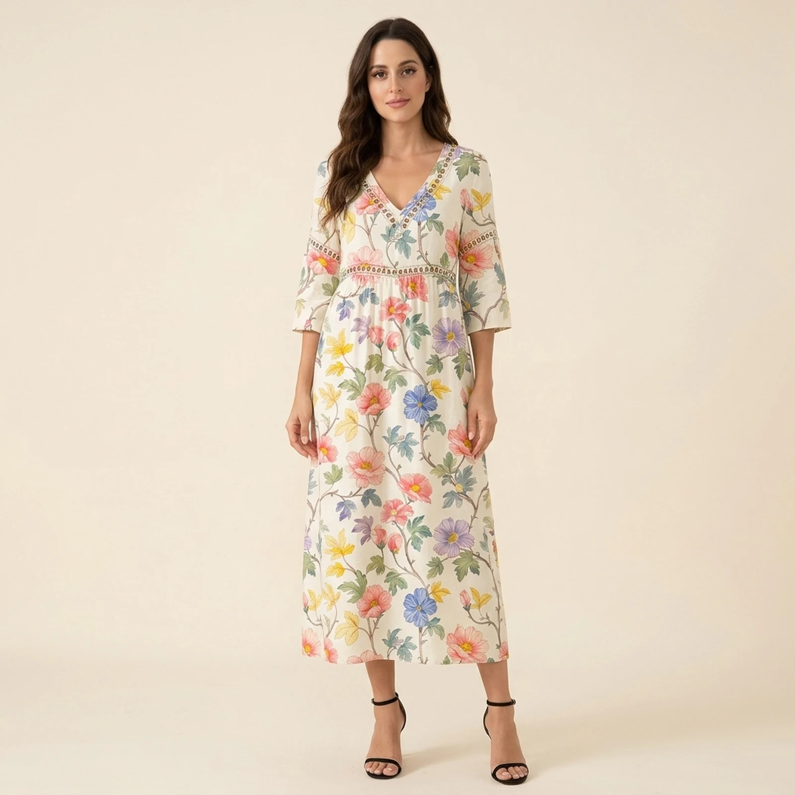 Jardim V-Neck Print Midi Dress, view 1