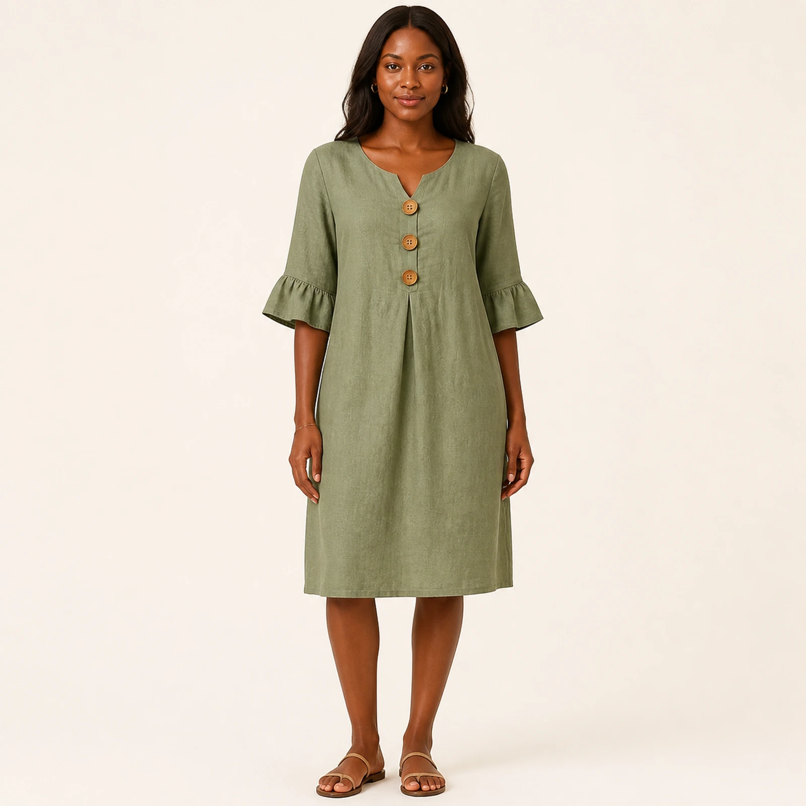Kendra Khaki Linen Button Dress, view 1