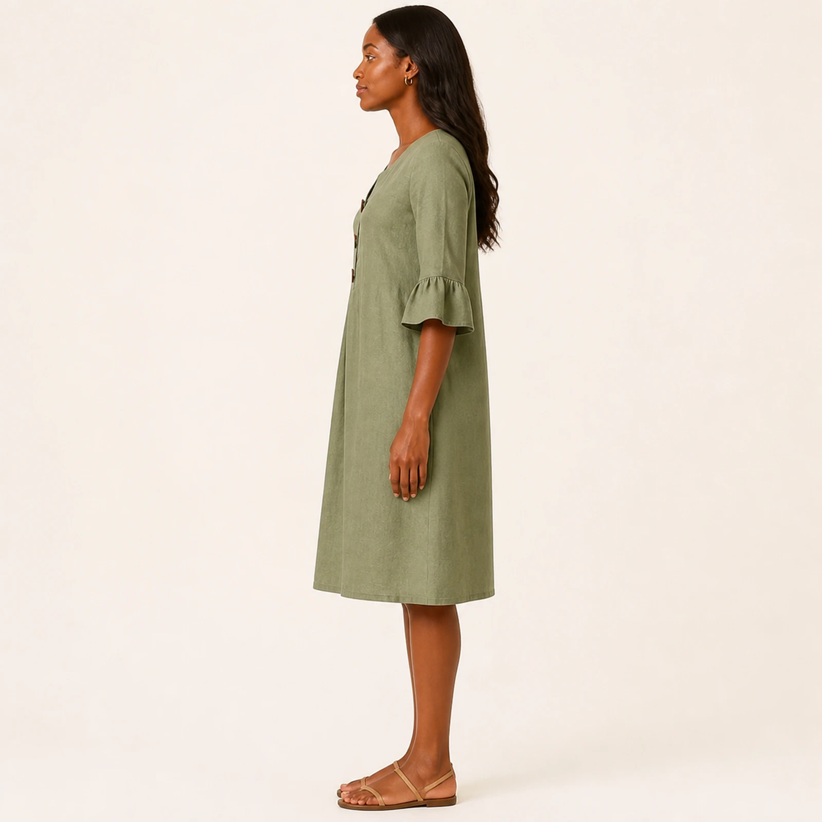Kendra Khaki Linen Button Dress, view 3