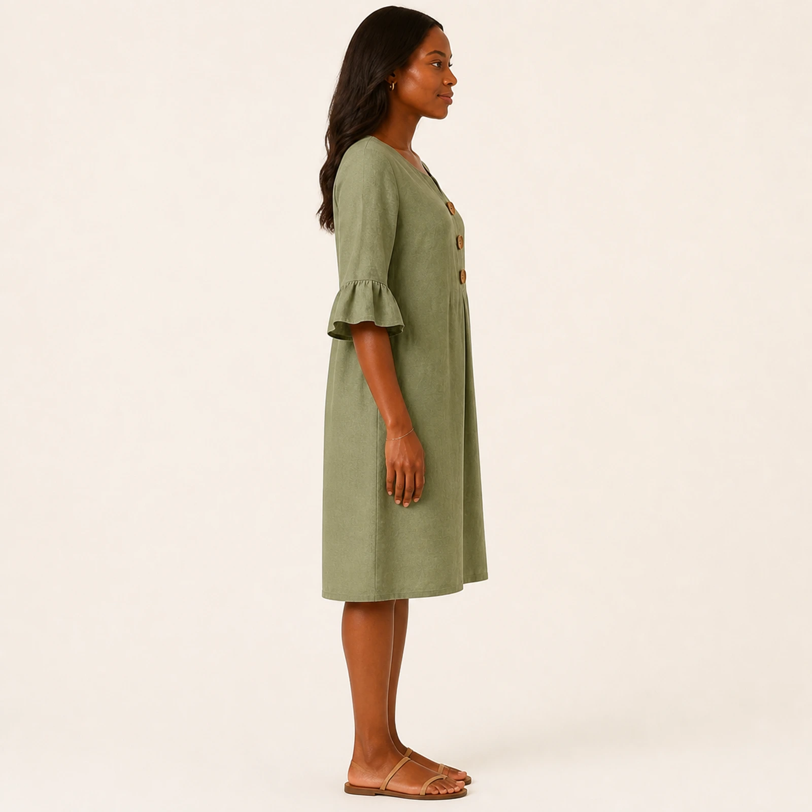 Kendra Khaki Linen Button Dress, view 4