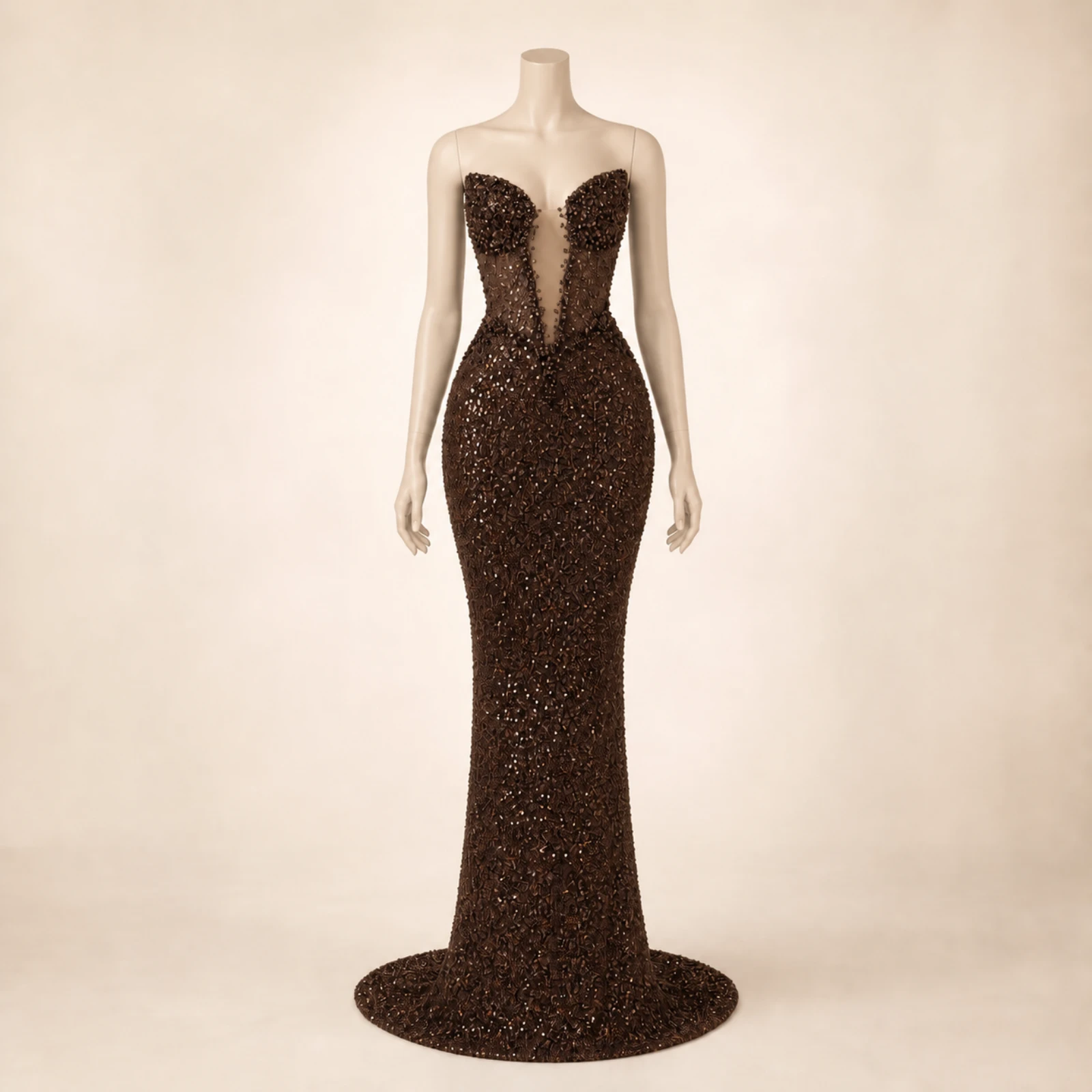 Lucienne Brown Crystal Mermaid Gown, view 1