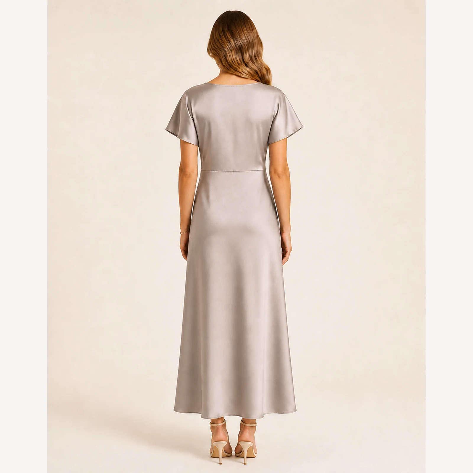 Maelle Champagne Satin Midi Dress, view 2