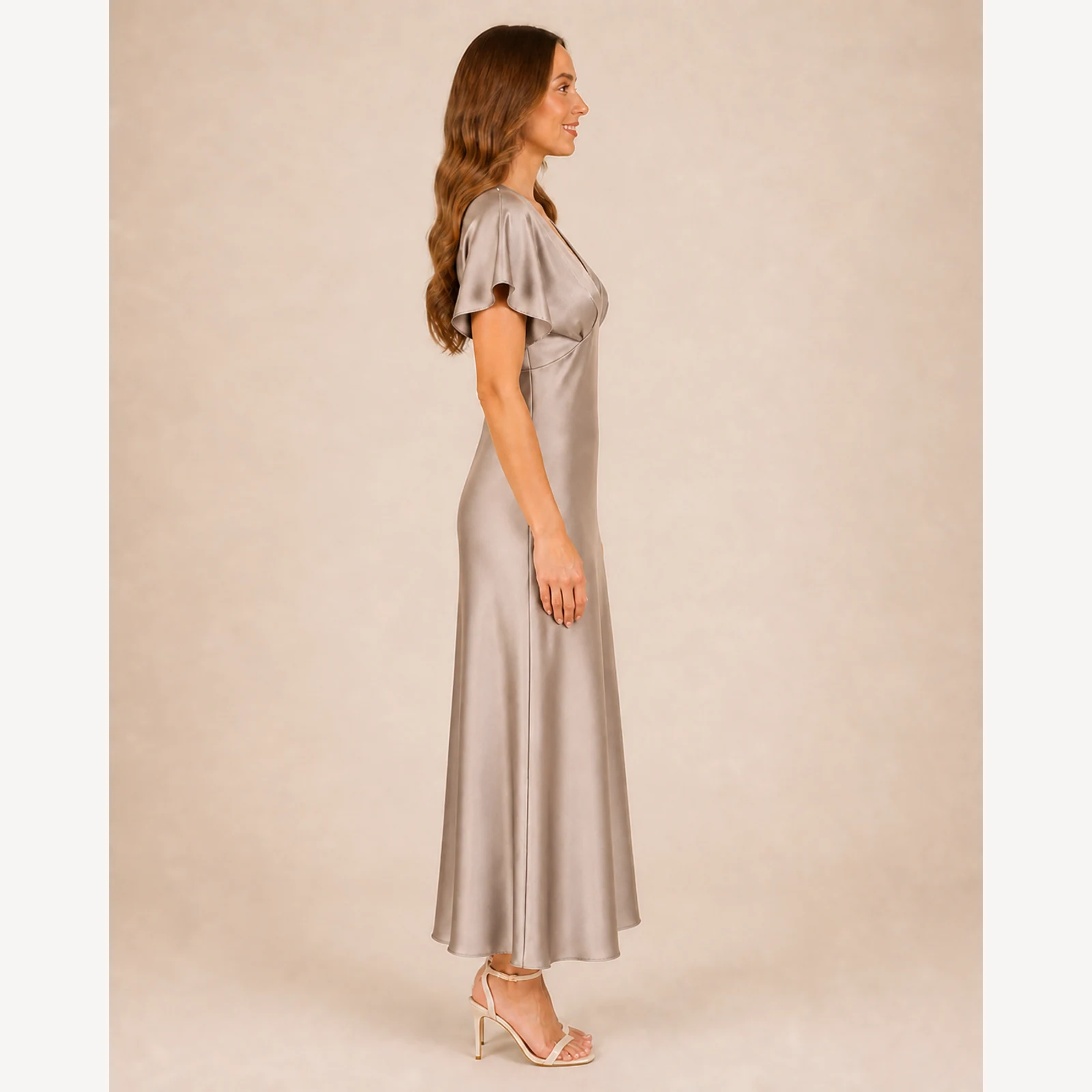 Maelle Champagne Satin Midi Dress, view 3