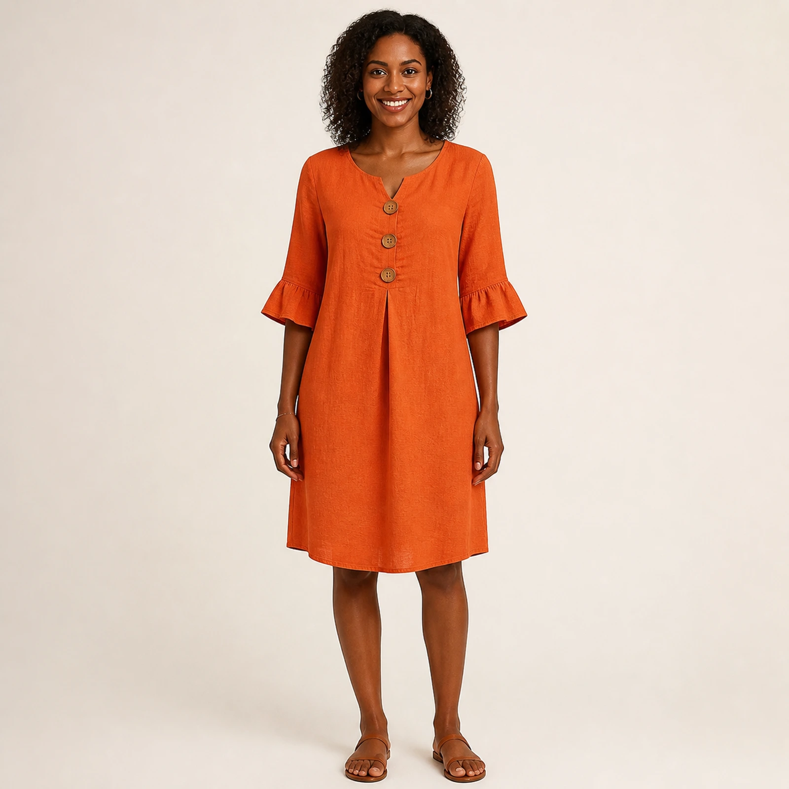 Maren Tangerine Linen Button Dress, view 1
