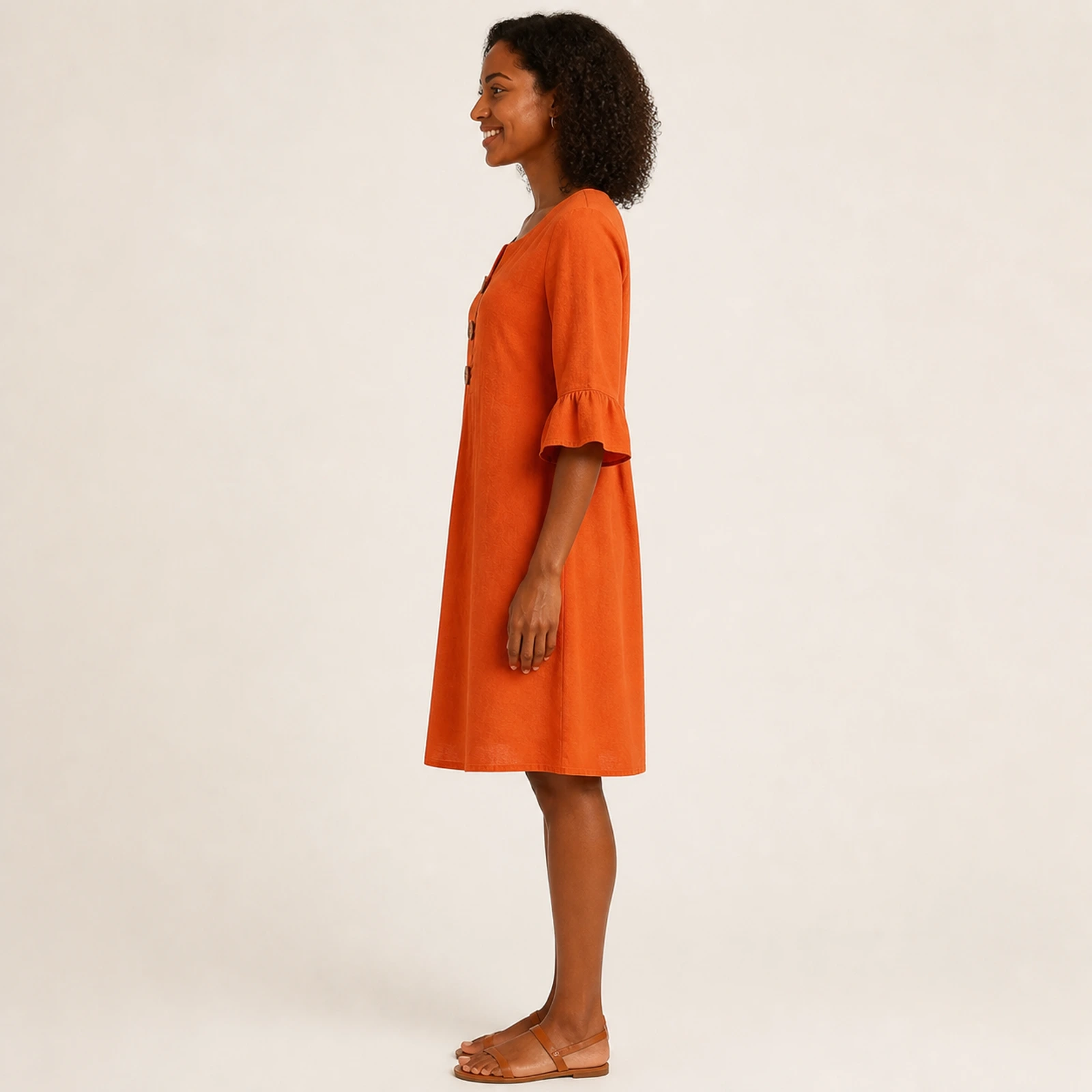 Maren Tangerine Linen Button Dress, view 3