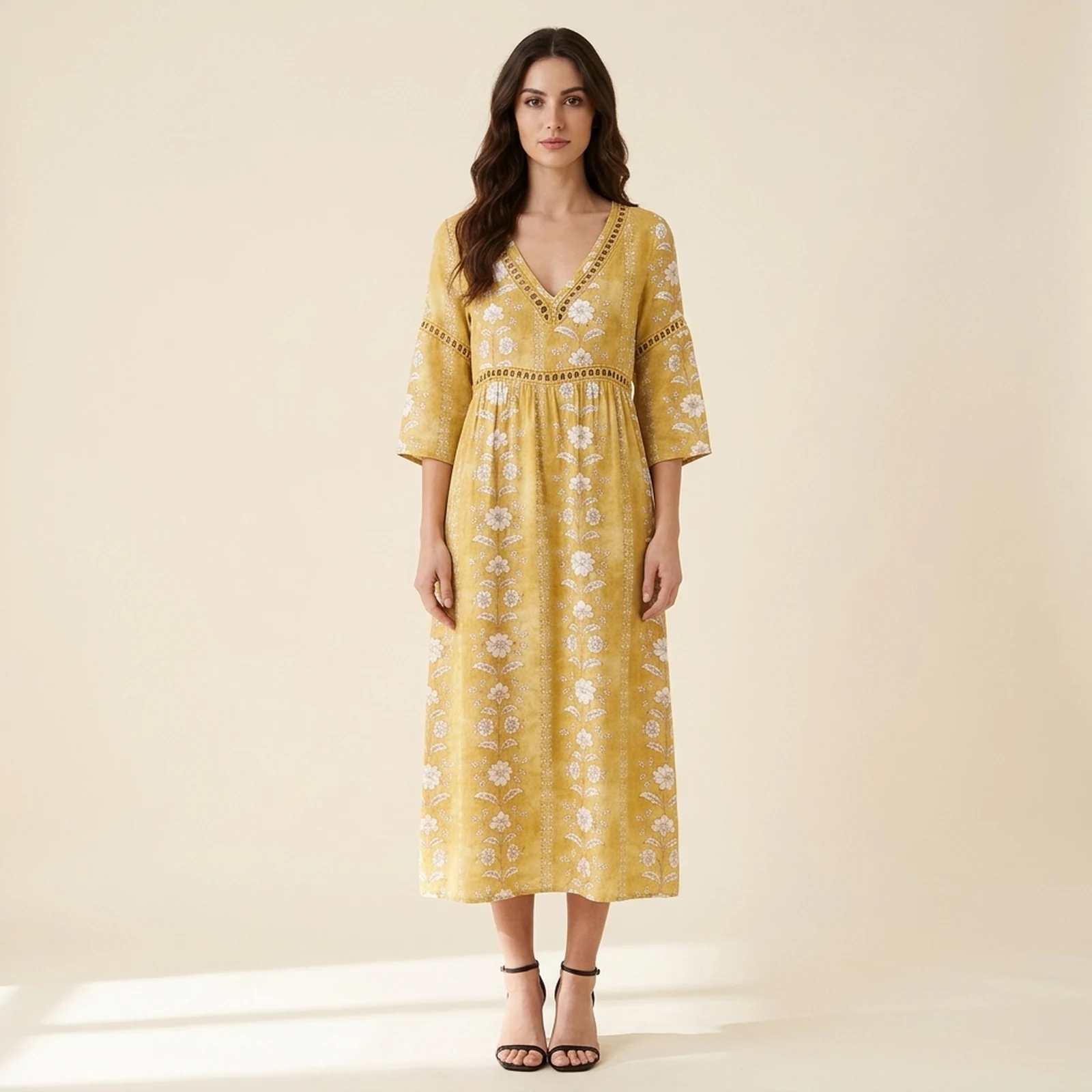 Mimosa V-Neck Print Midi Dress, view 1