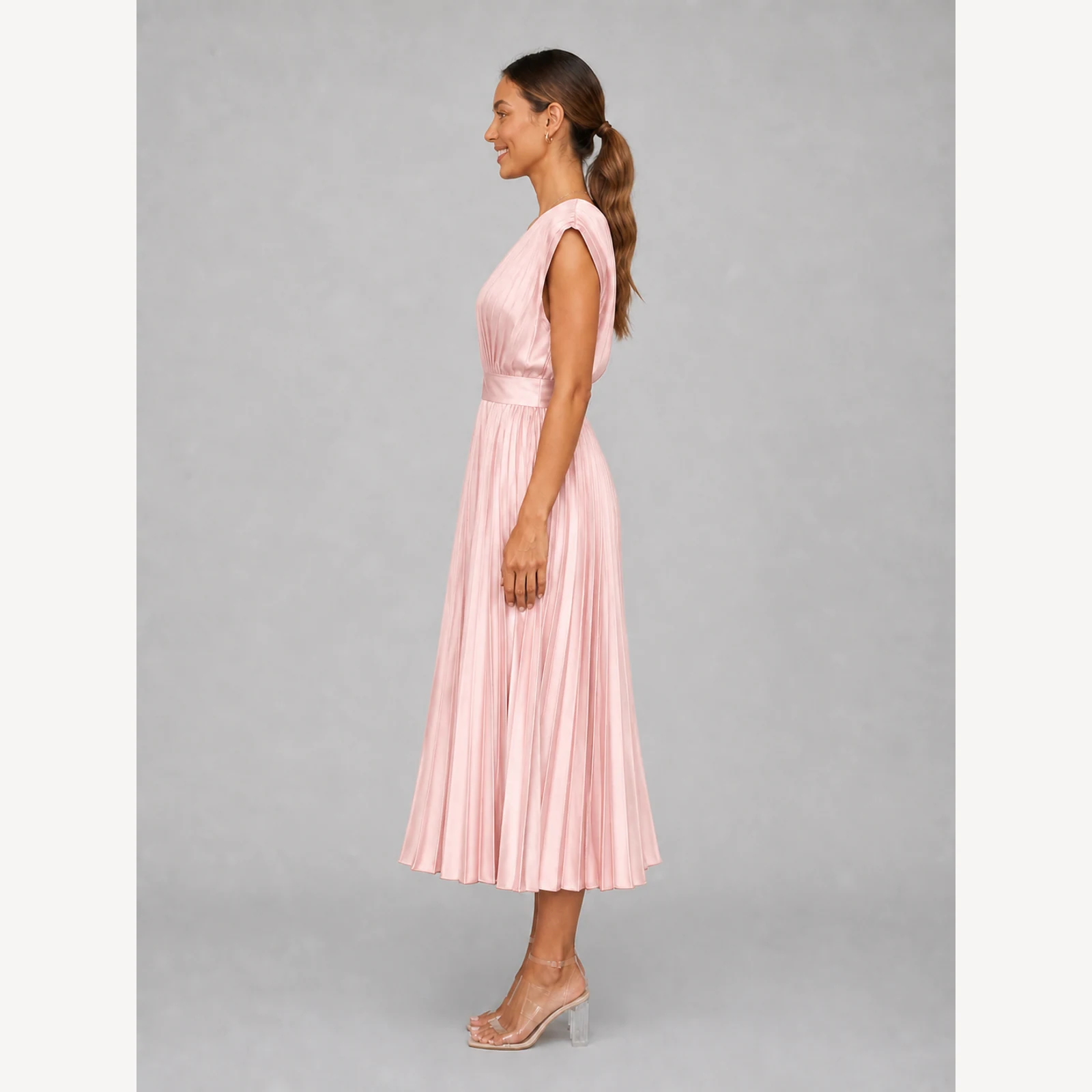 Mirella Pink Pleated Midi Dress, view 3