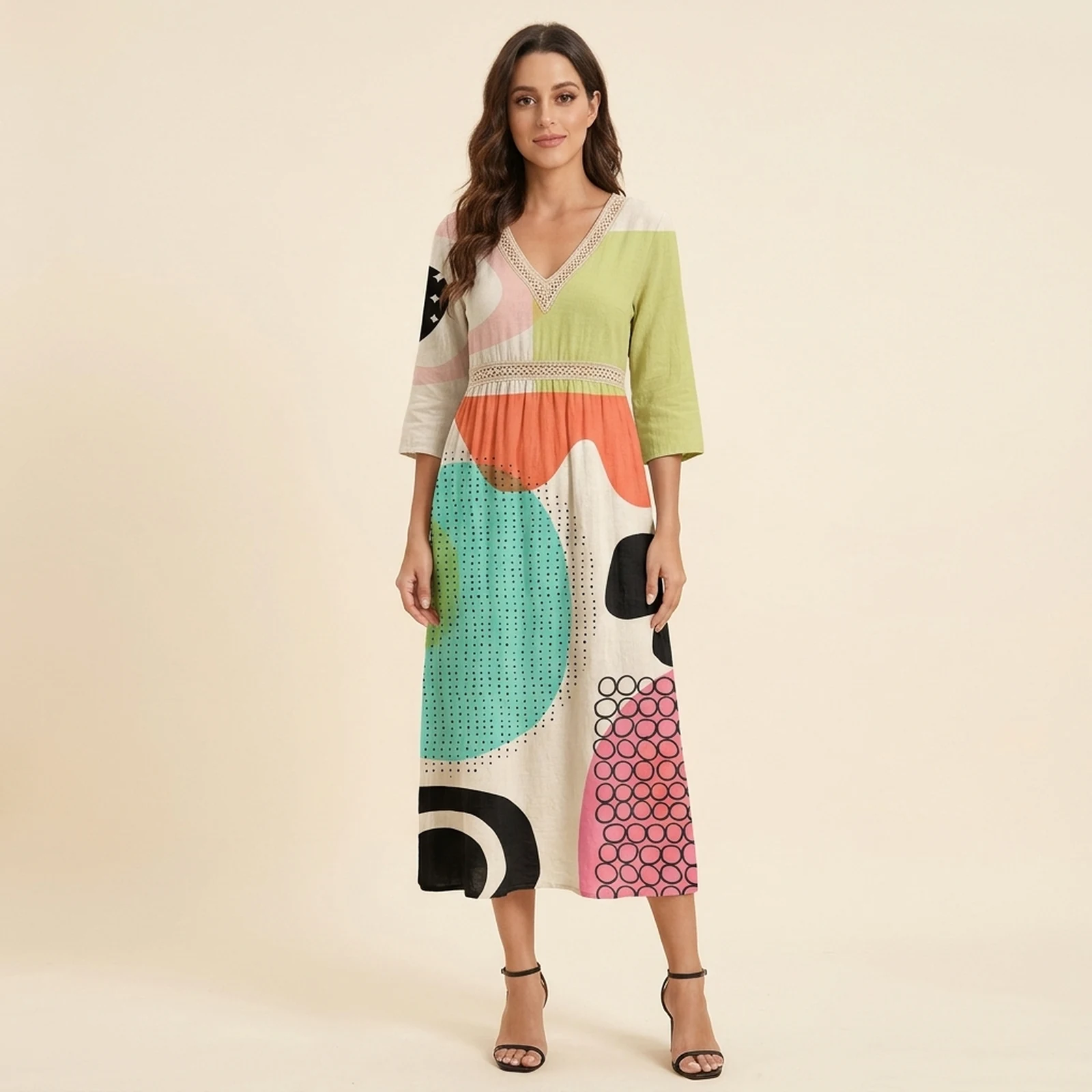 Mosaico V-Neck Print Midi Dress, view 1
