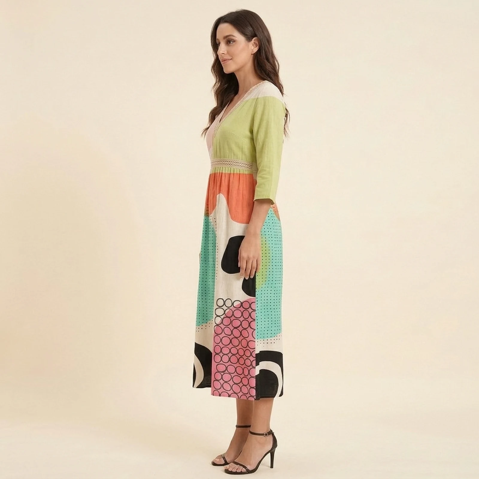 Mosaico V-Neck Print Midi Dress, view 3