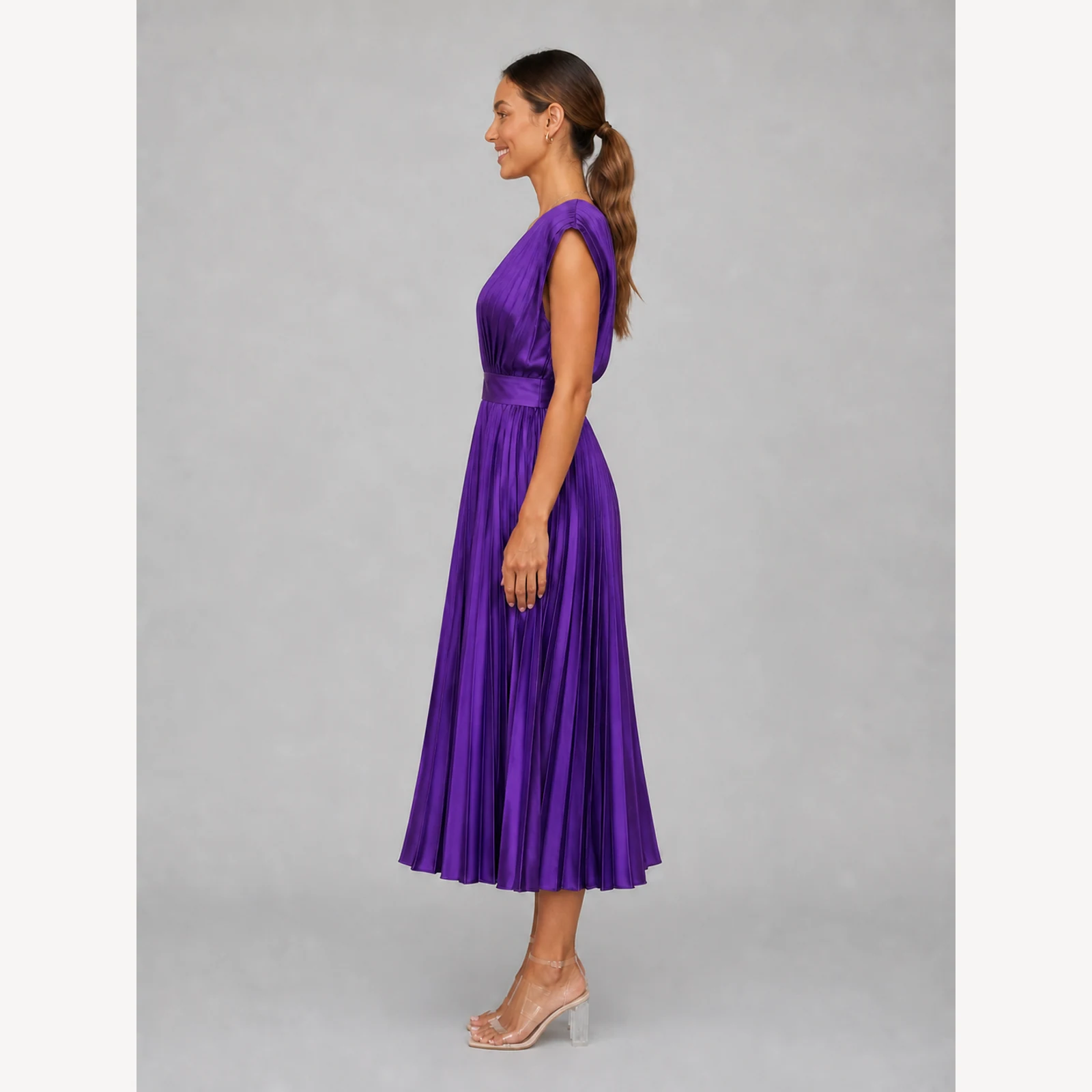 Novalie Purple Pleated Midi Dress, view 3