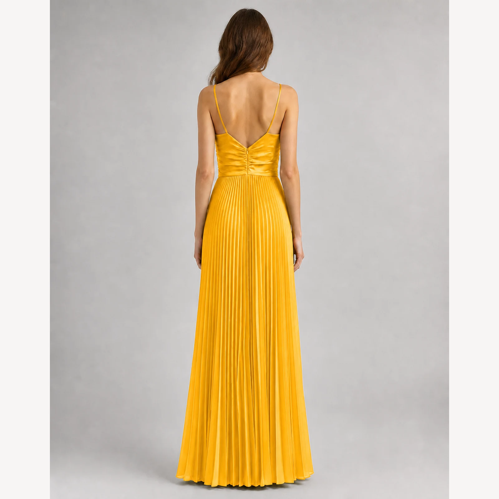 Ophelia Yellow Pleated Evening Gown, view 2