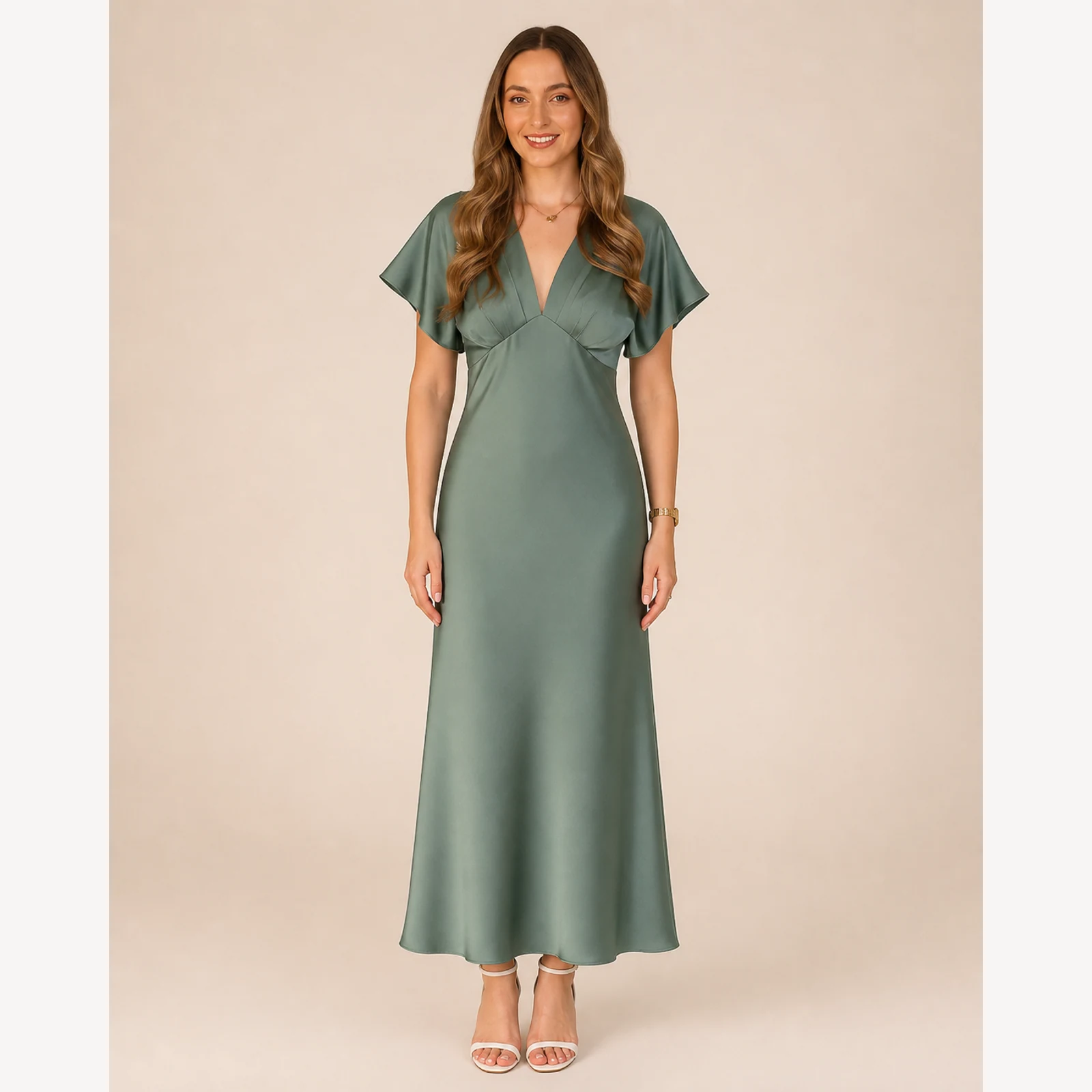 Oriana Green Satin Midi Dress, view 1