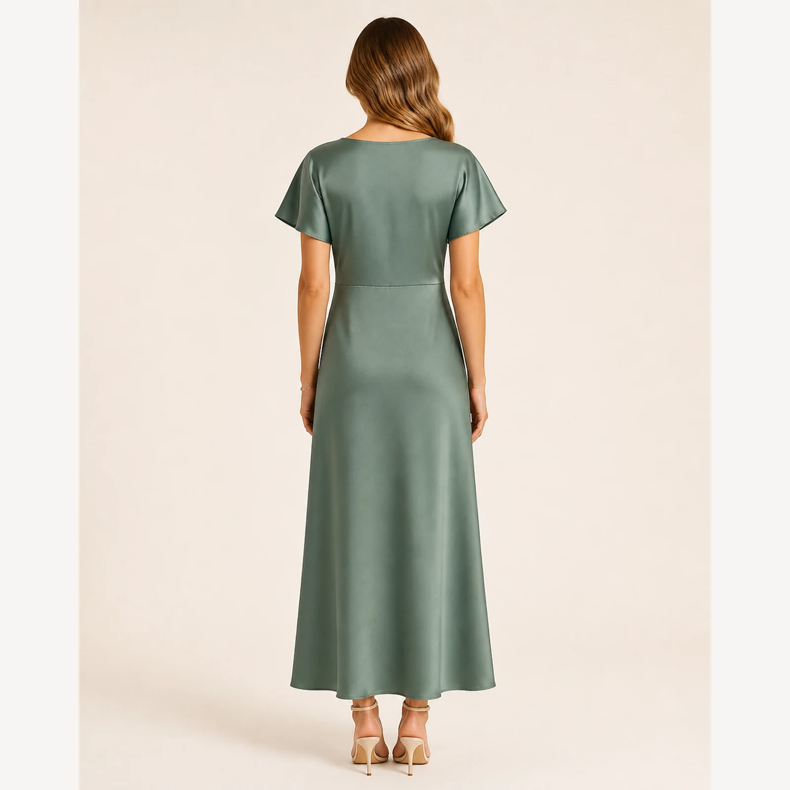 Oriana Green Satin Midi Dress, view 2