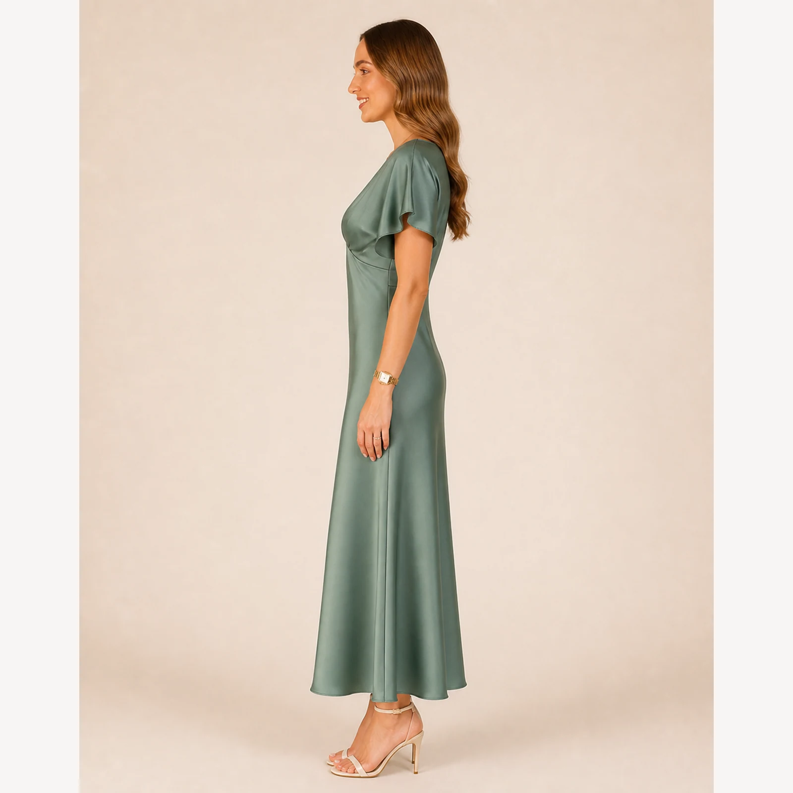 Oriana Green Satin Midi Dress, view 3