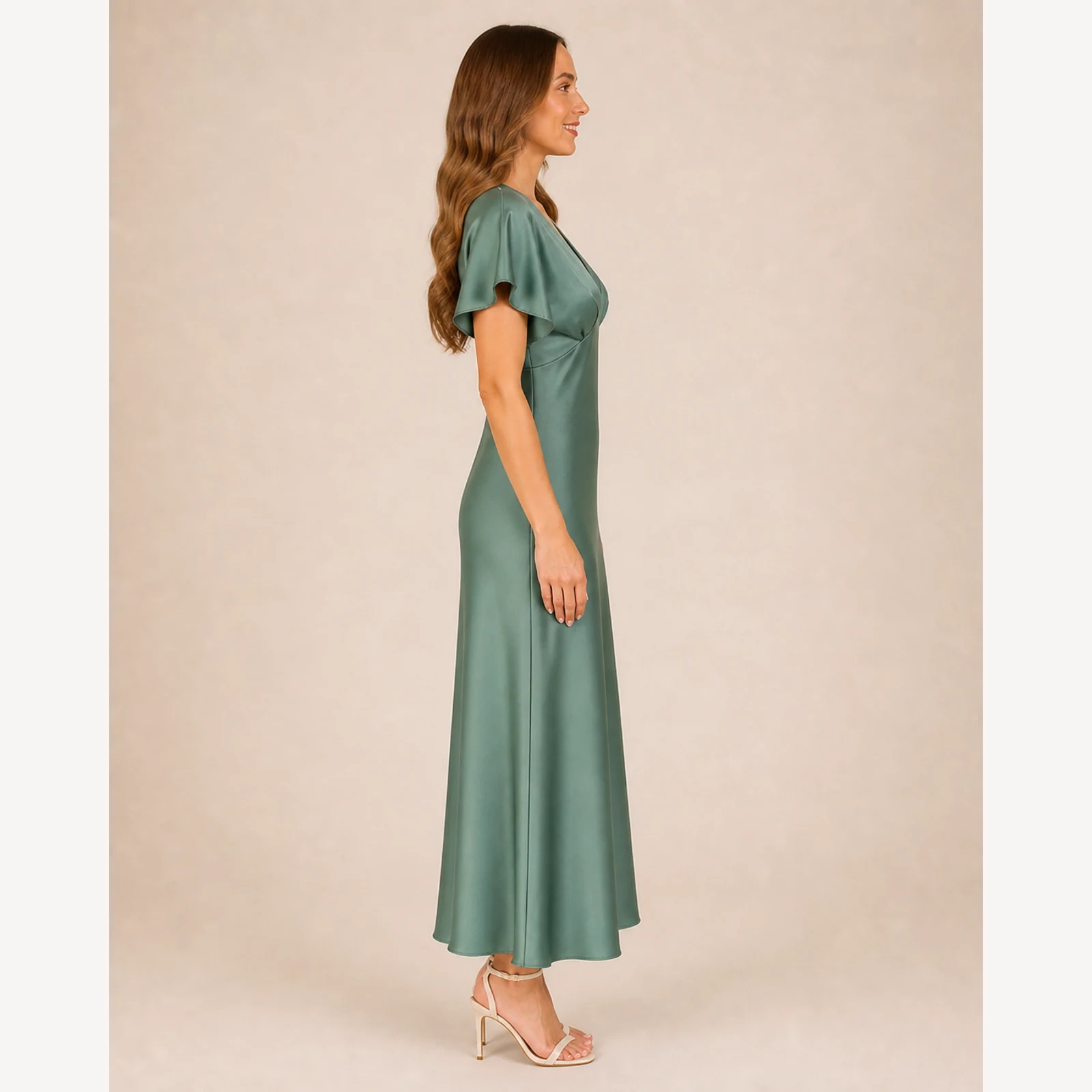 Oriana Green Satin Midi Dress, view 4