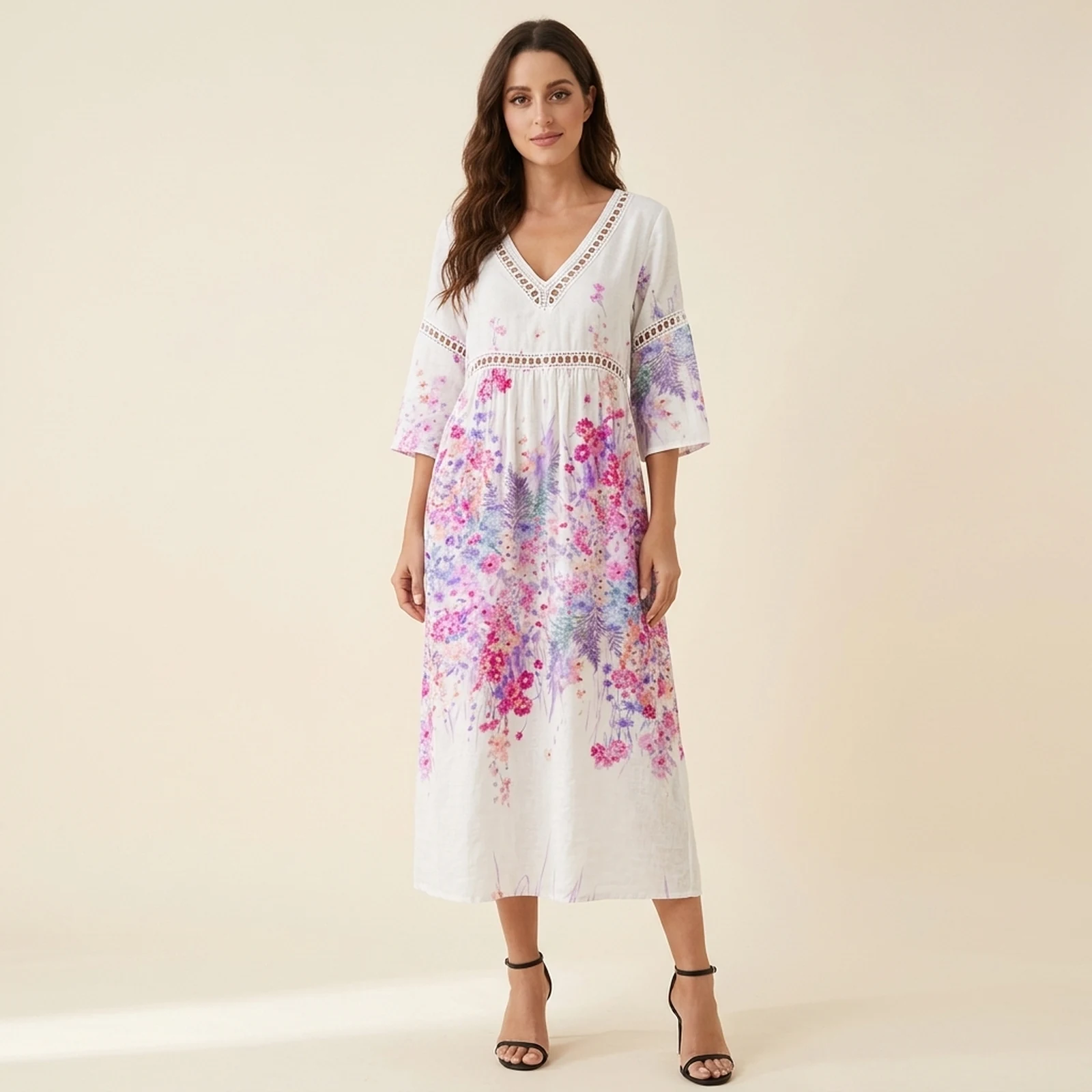 Orquidea V-Neck Print Midi Dress, view 1