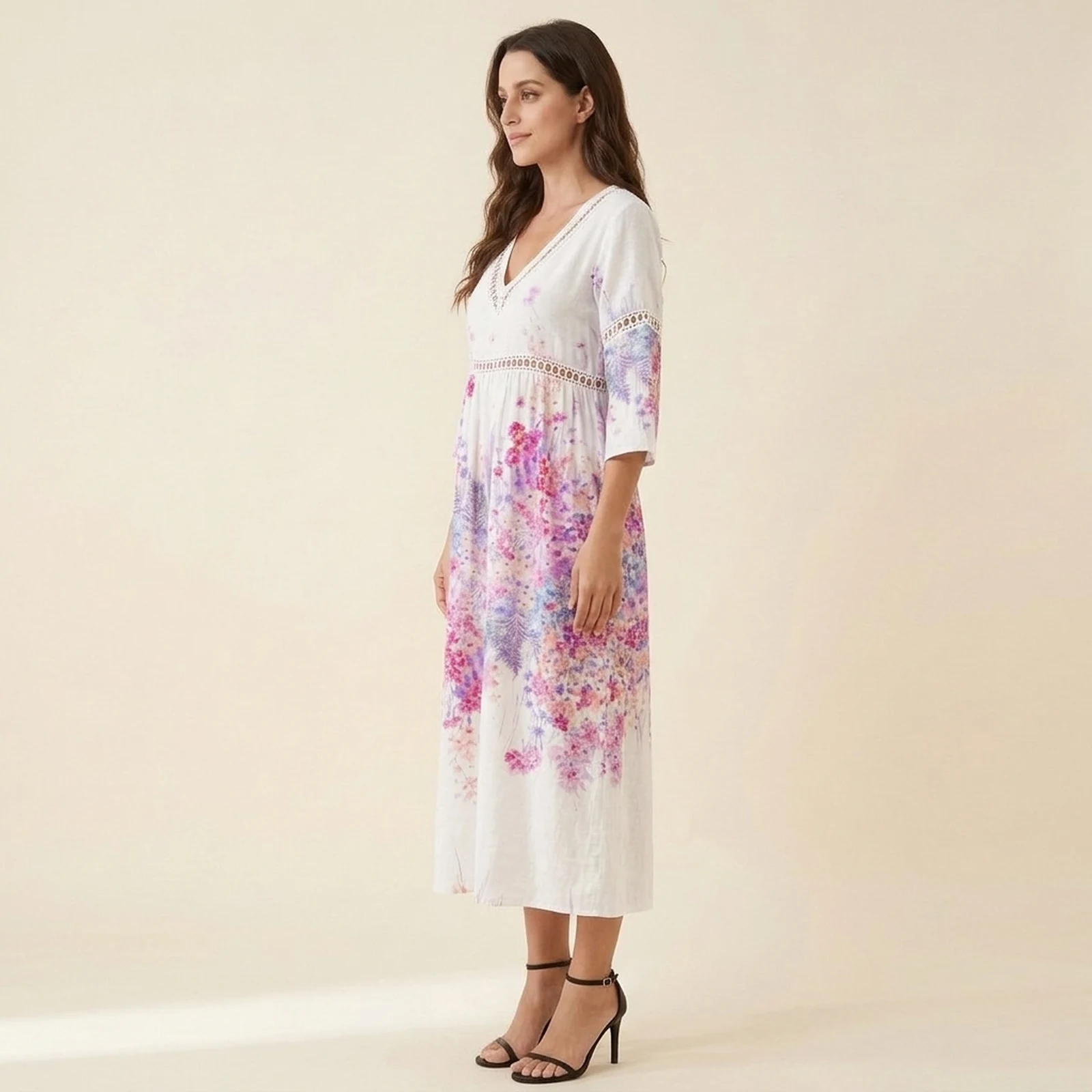 Orquidea V-Neck Print Midi Dress, view 3