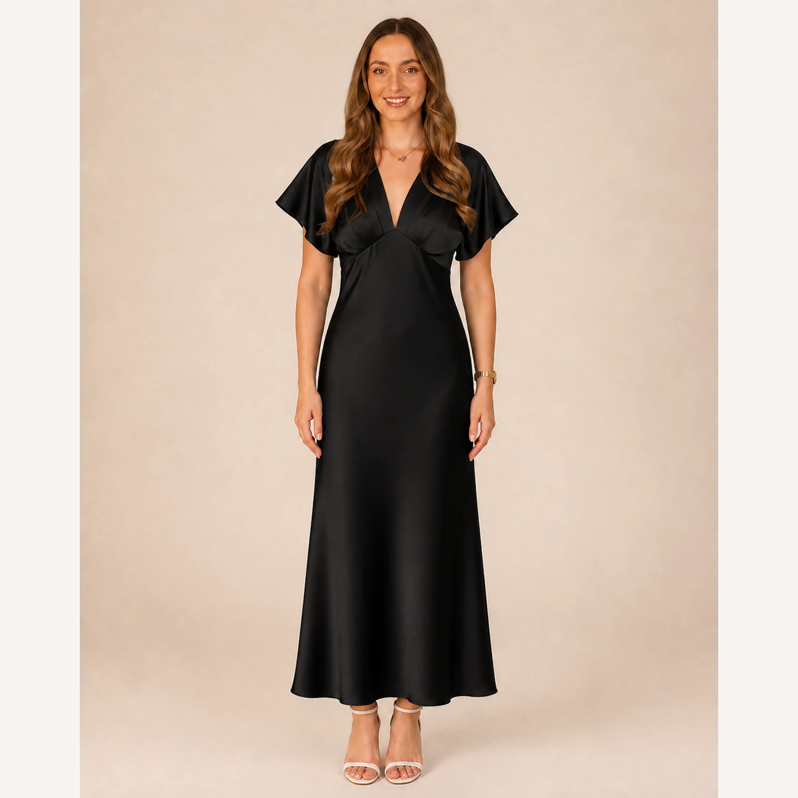 Pascale Black Satin Midi Dress, view 1