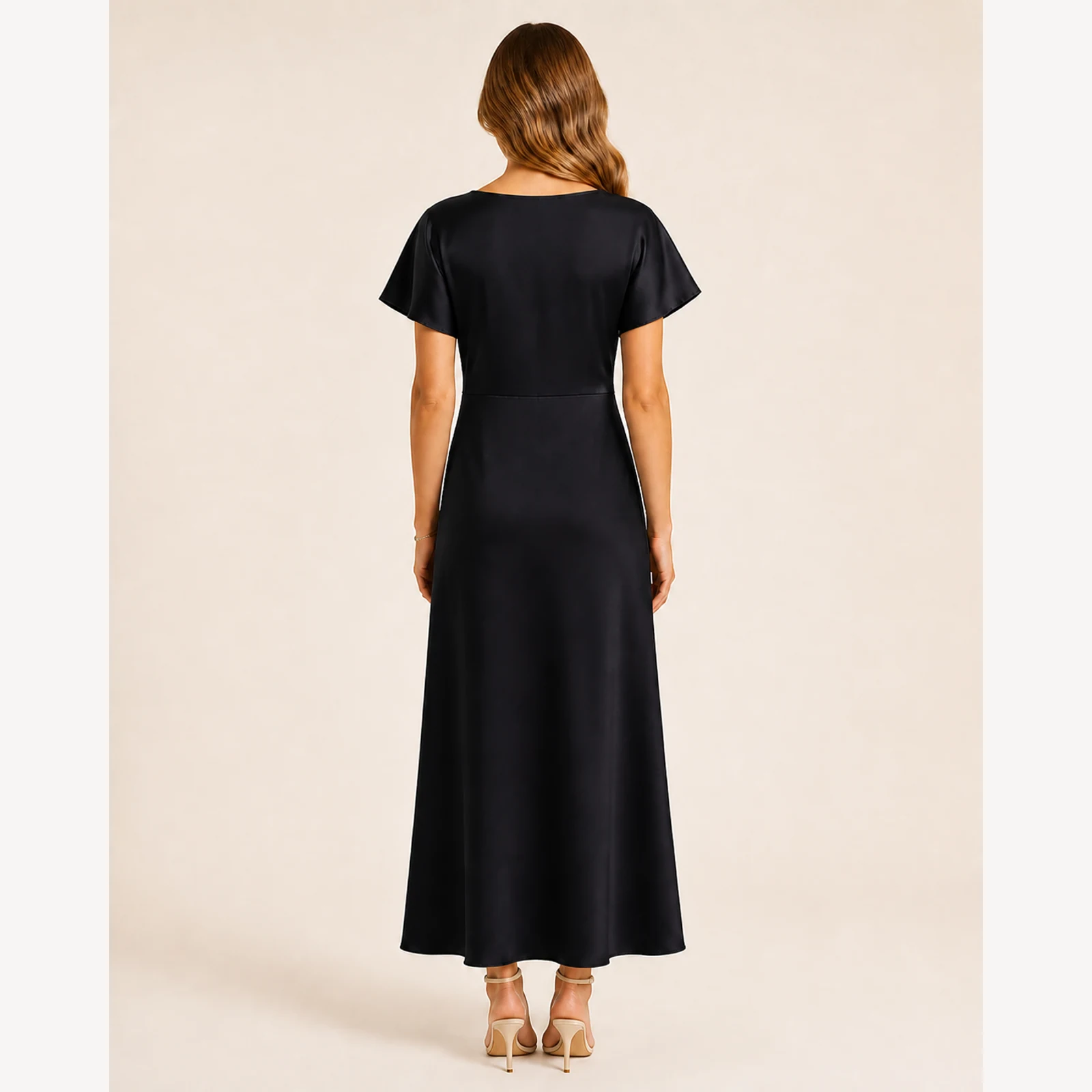 Pascale Black Satin Midi Dress, view 2