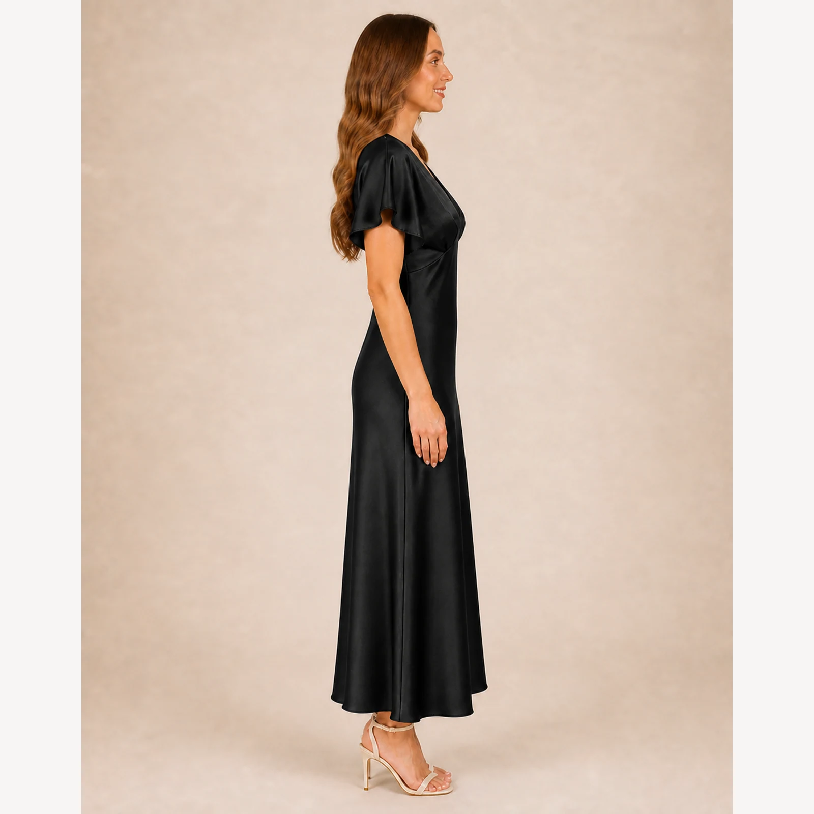 Pascale Black Satin Midi Dress, view 3