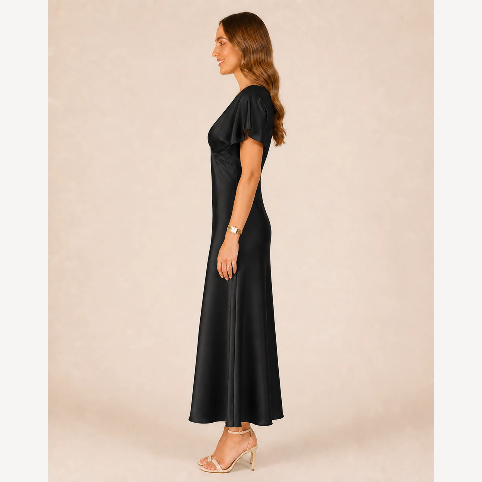 Pascale Black Satin Midi Dress, view 4