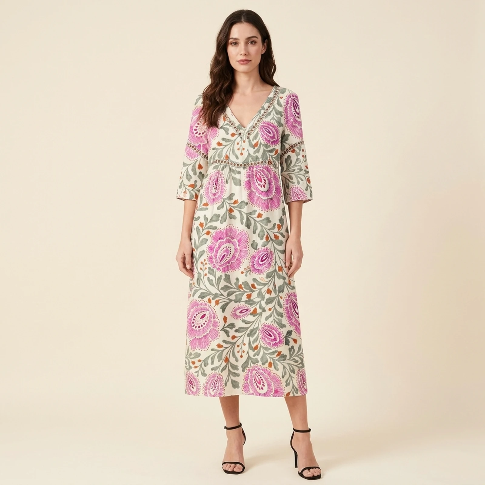 Peonia V-Neck Print Midi Dress, view 1