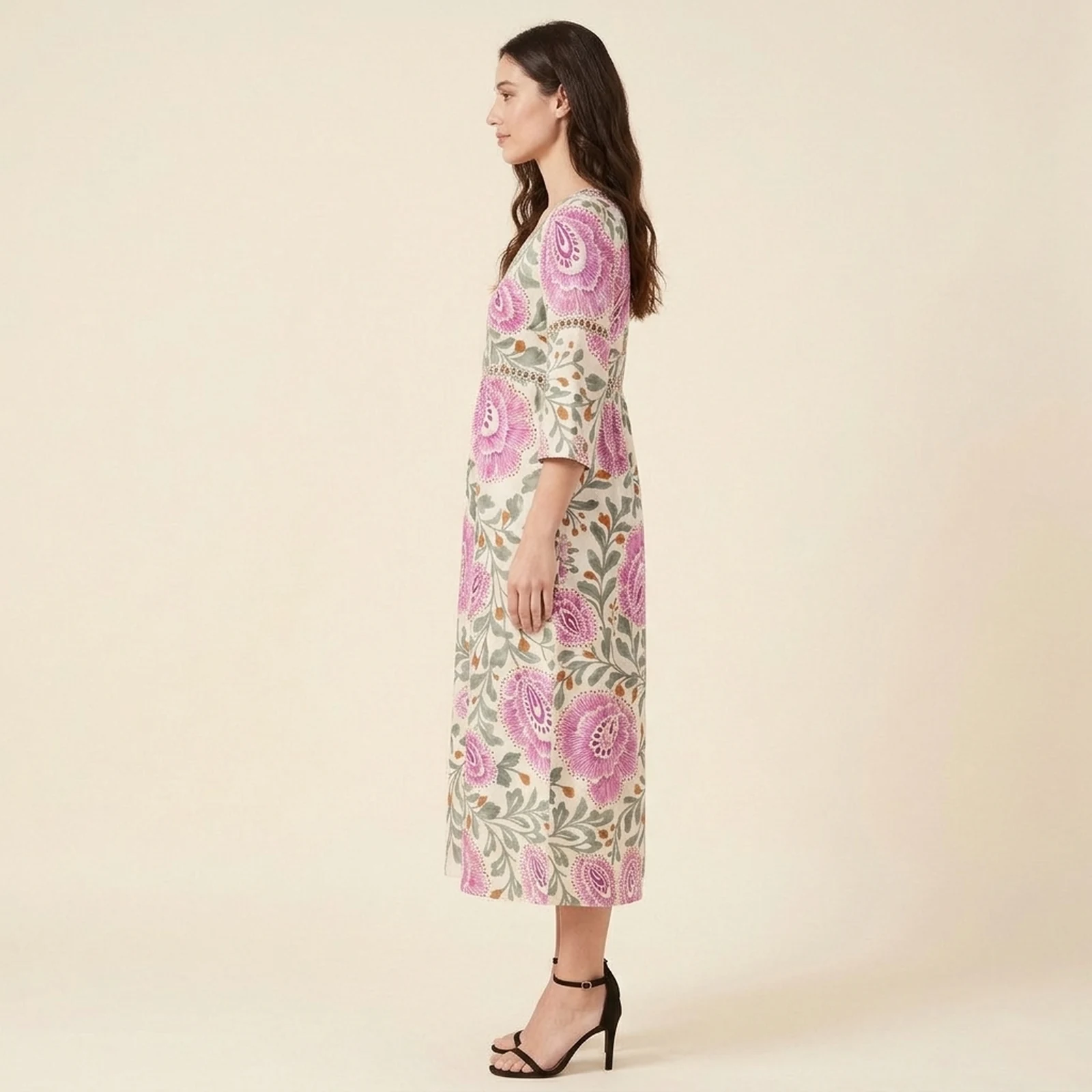 Peonia V-Neck Print Midi Dress, view 3