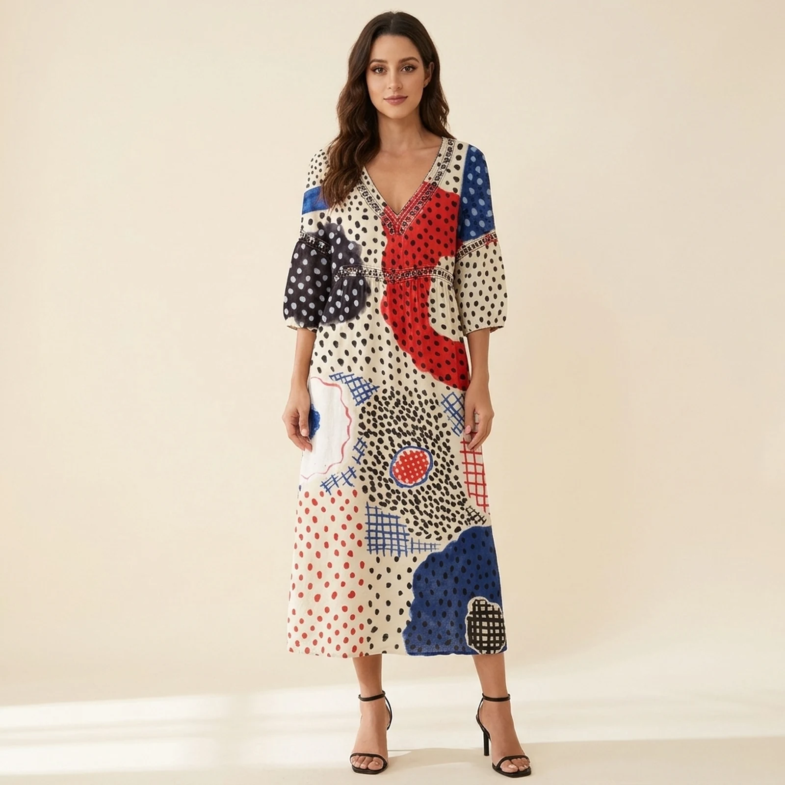 Pop V-Neck Print Midi Dress, view 1