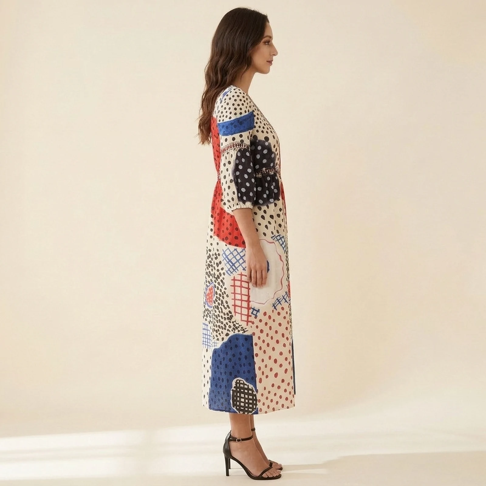 Pop V-Neck Print Midi Dress, view 3