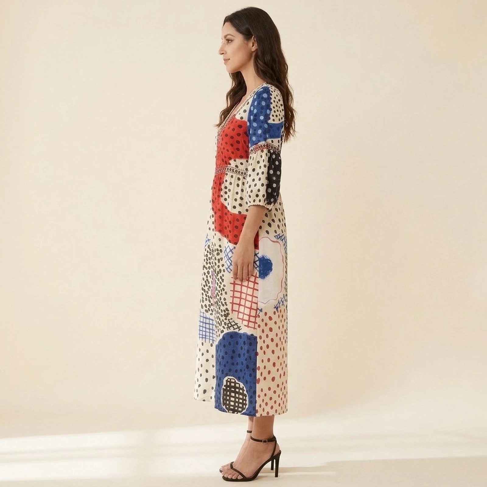 Pop V-Neck Print Midi Dress, view 4