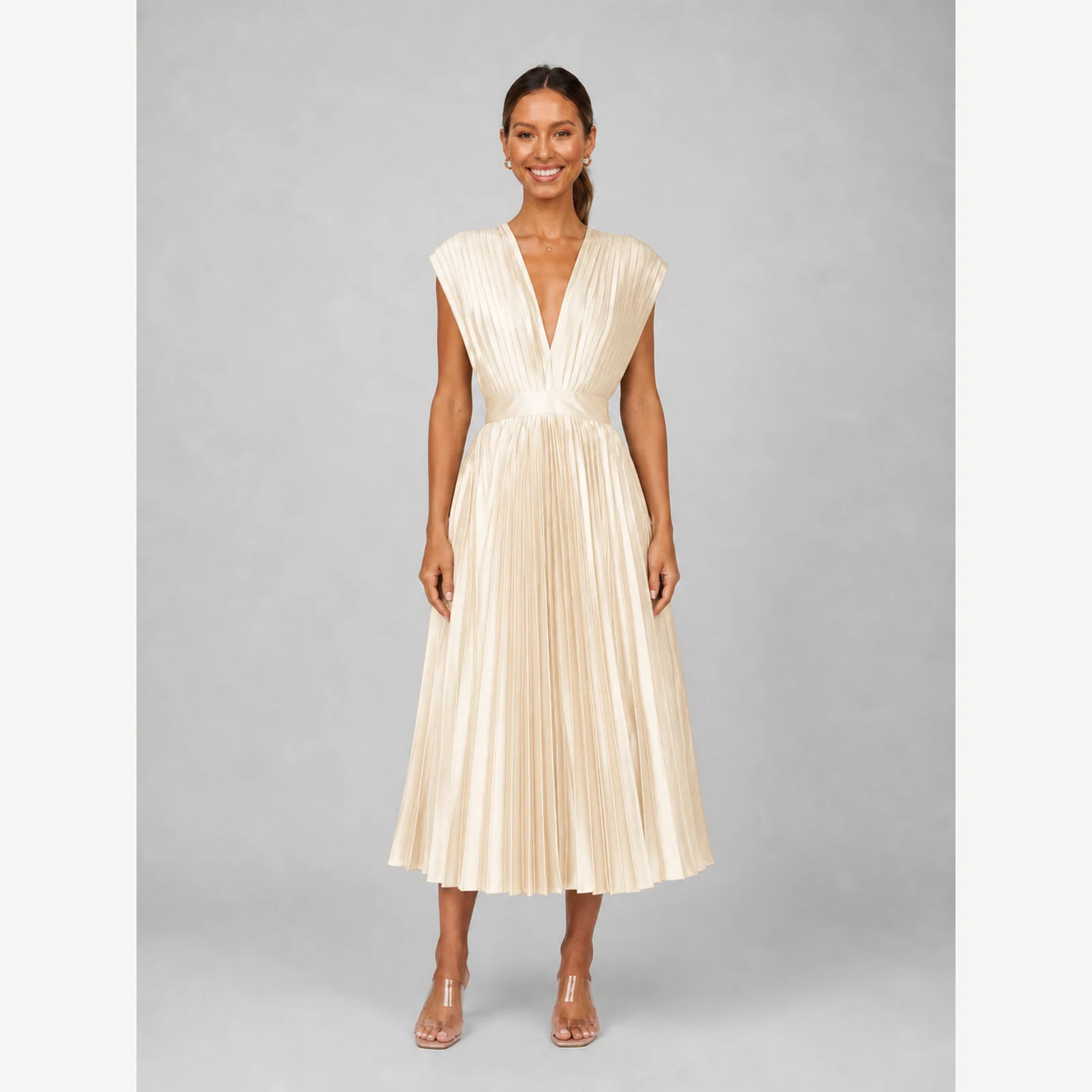 Primrose Champagne Pleated Midi Dress, view 1